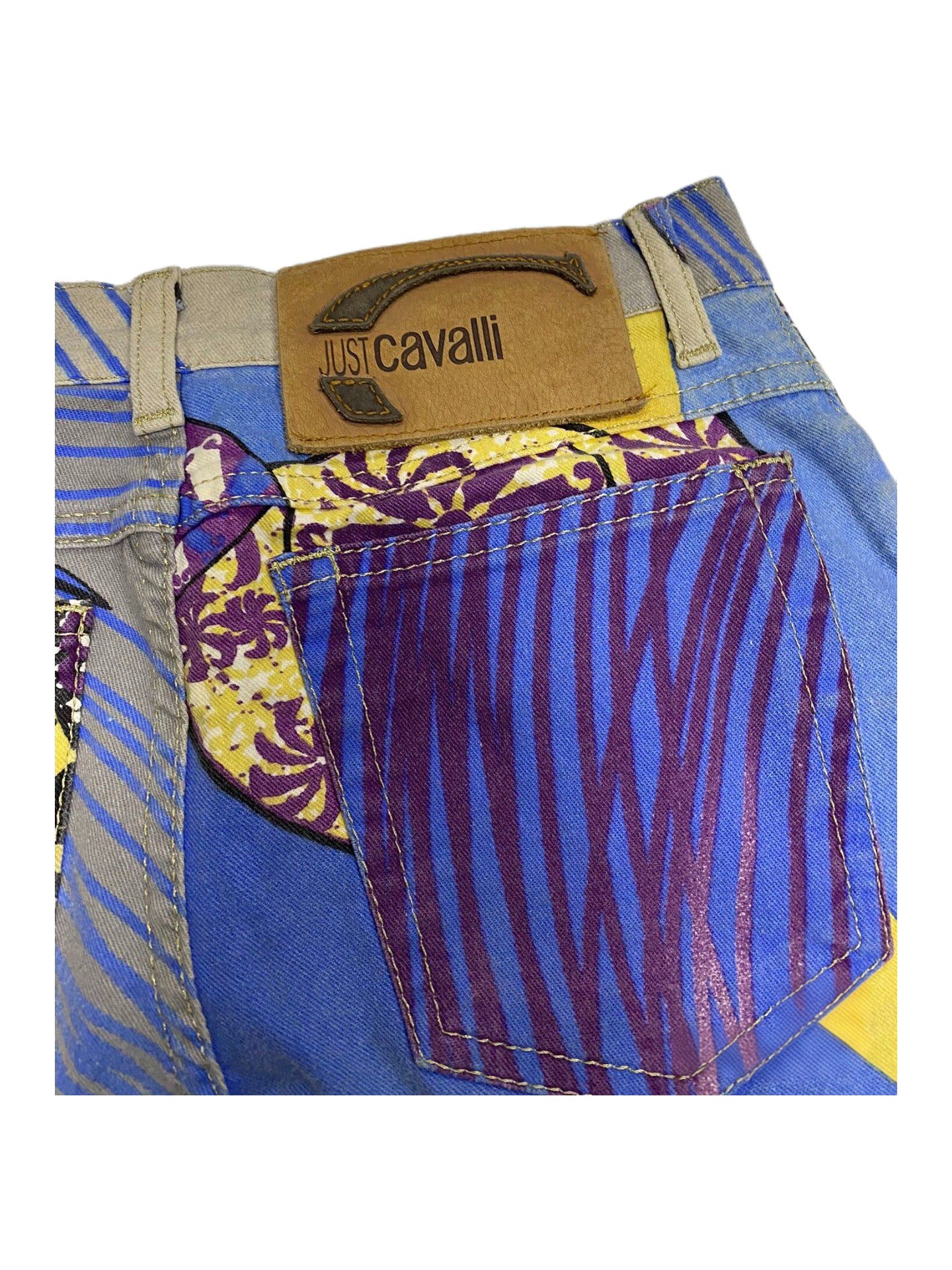 Just Cavalli Abstract Graphic Print Denim Jeans Multi-Color Flared Pants Rare Archive Piece