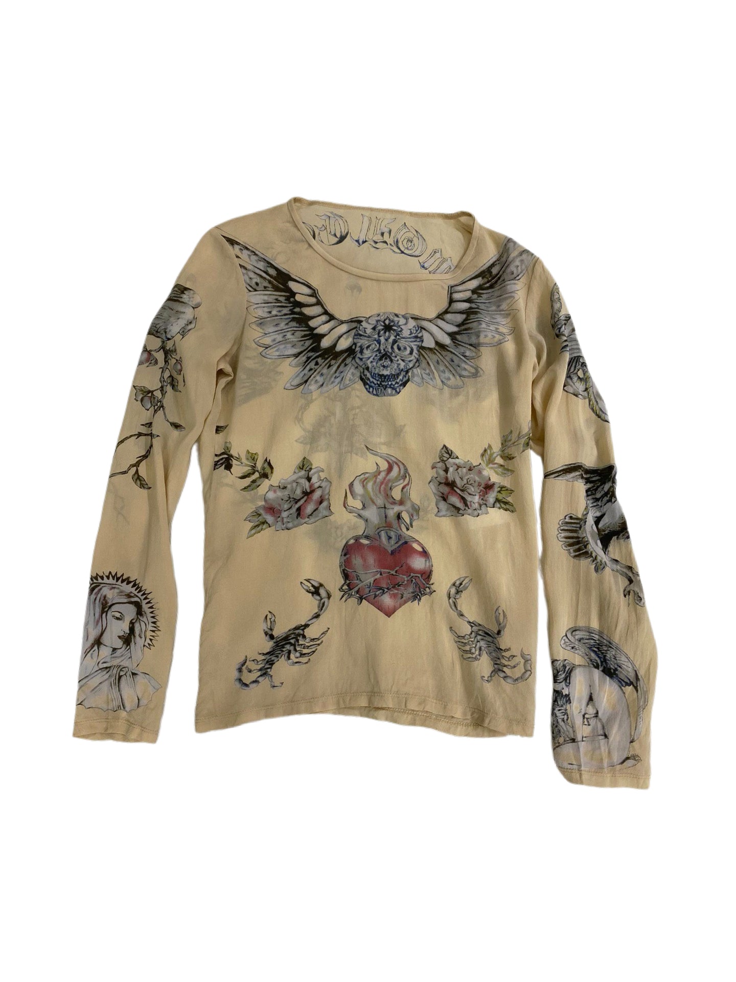 Alexander McQueen Tattoo Print Silk Mesh Top Gothic Sacred Heart Skull Graphic Rare Archive Piece