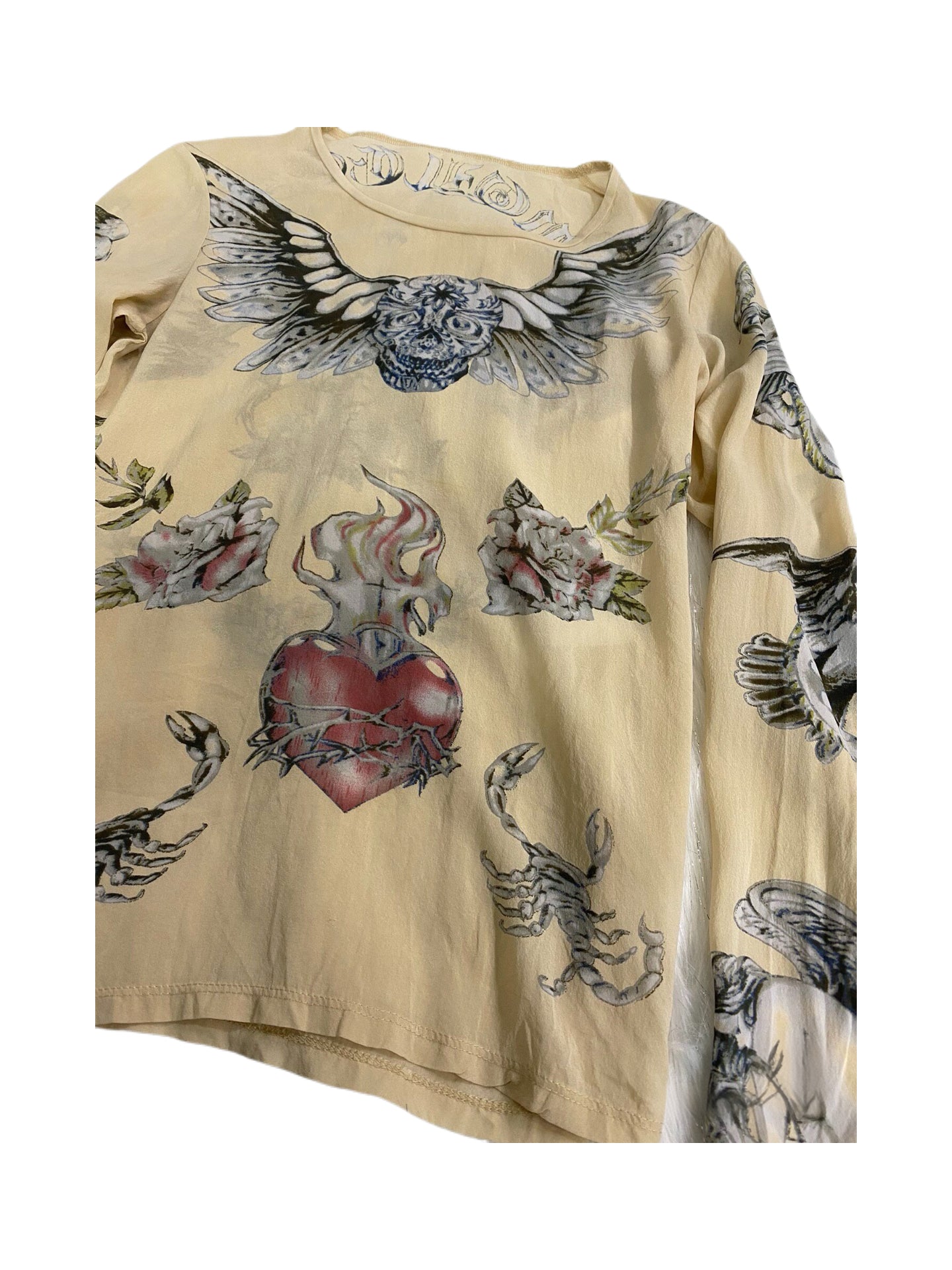 Alexander McQueen Tattoo Print Silk Mesh Top Gothic Sacred Heart Skull Graphic Rare Archive Piece