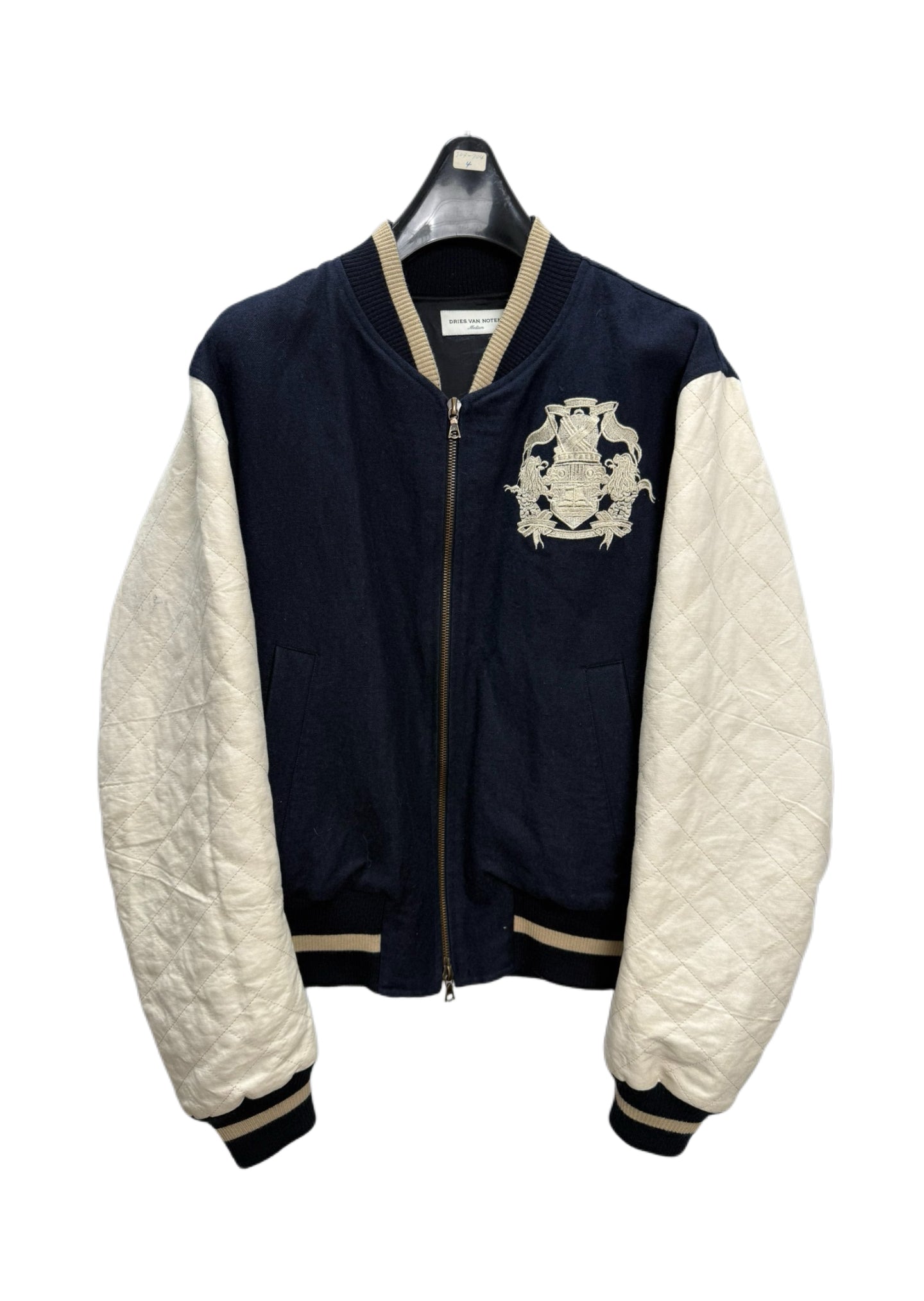 Dries Van Noten Embroidered Crest Varsity Jacket Wool Body Leather Sleeves Rare Archive Piece
