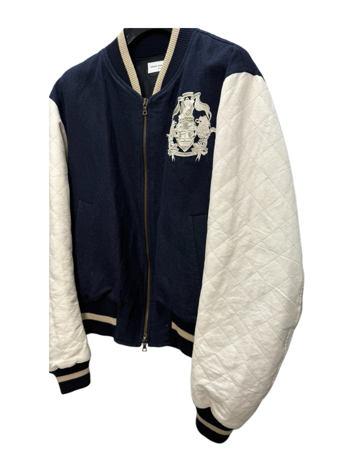Dries Van Noten Embroidered Crest Varsity Jacket Wool Body Leather Sleeves Rare Archive Piece