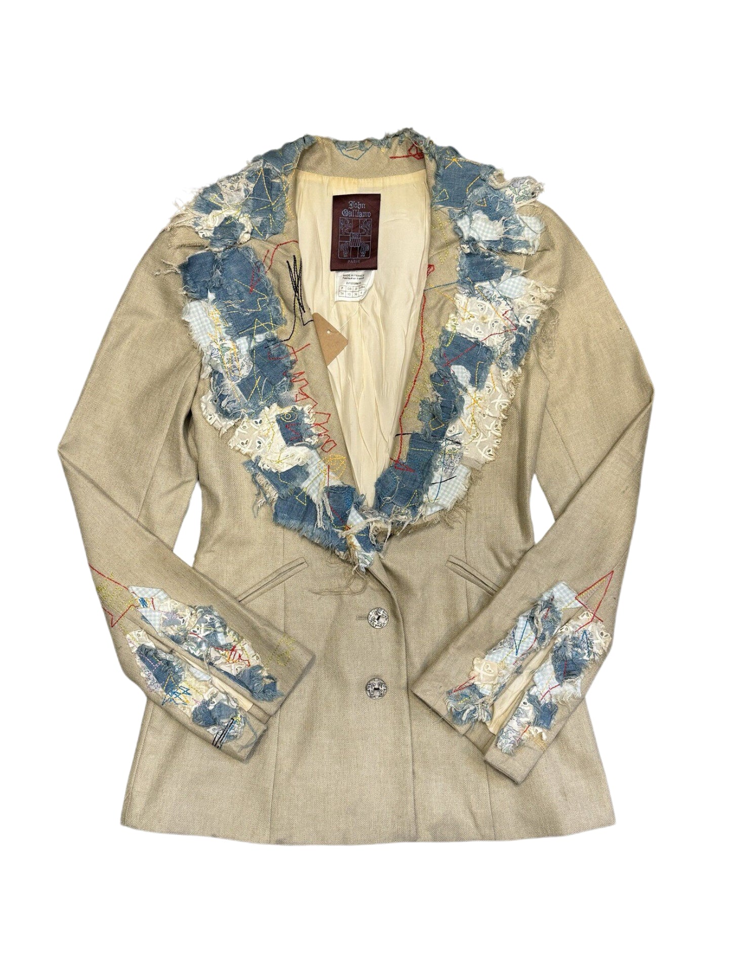 John Galliano Archive Deconstructed Patchwork Blazer Embroidered Couture Jacket Made in France Rare Piece