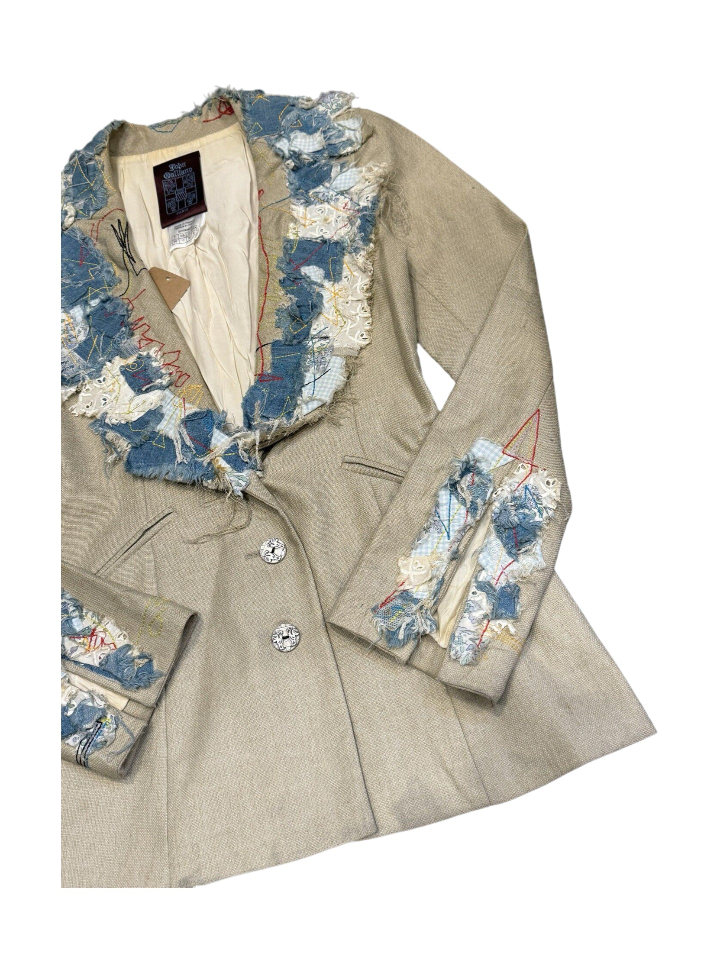 John Galliano Archive Deconstructed Patchwork Blazer Embroidered Couture Jacket Made in France Rare Piece