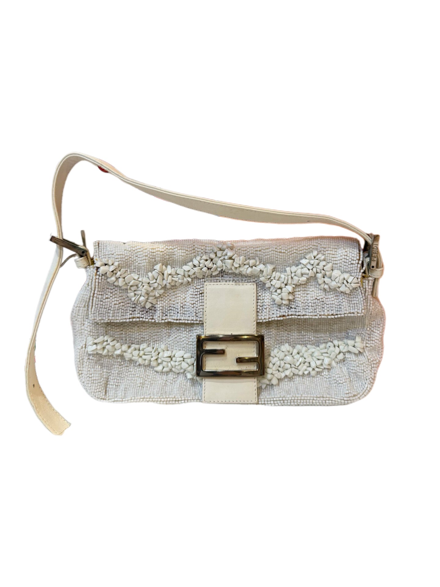 Fendi Beaded Baguette Bag White Embroidery Handcrafted Vintage Rare Limited Edition Shoulder Bag