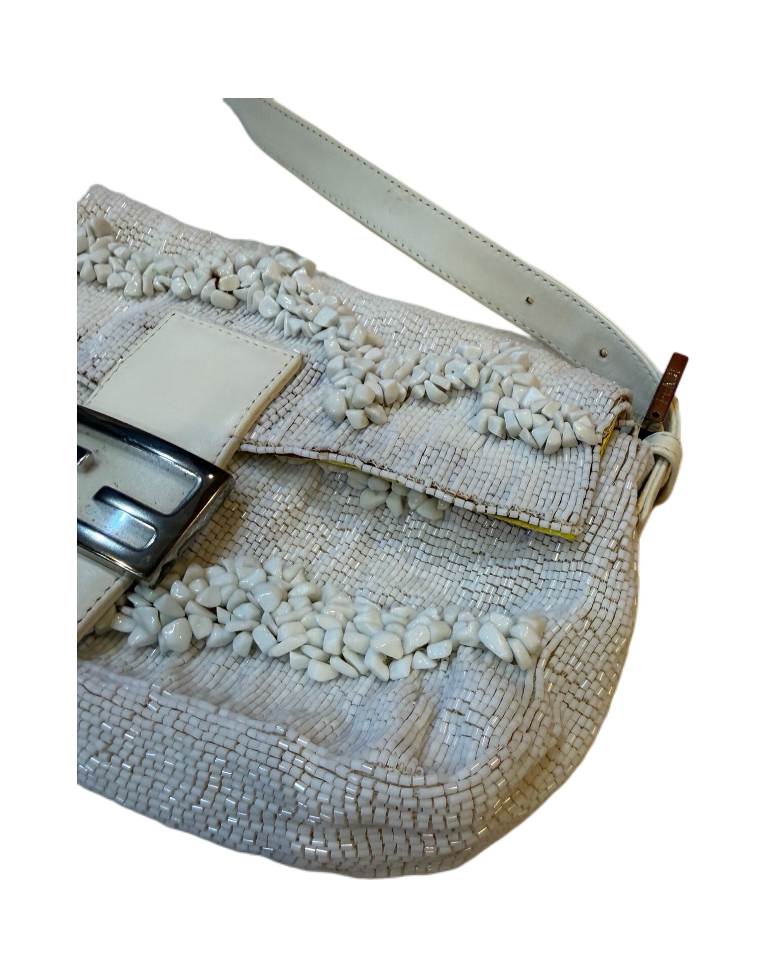 Fendi Beaded Baguette Bag White Embroidery Handcrafted Vintage Rare Limited Edition Shoulder Bag