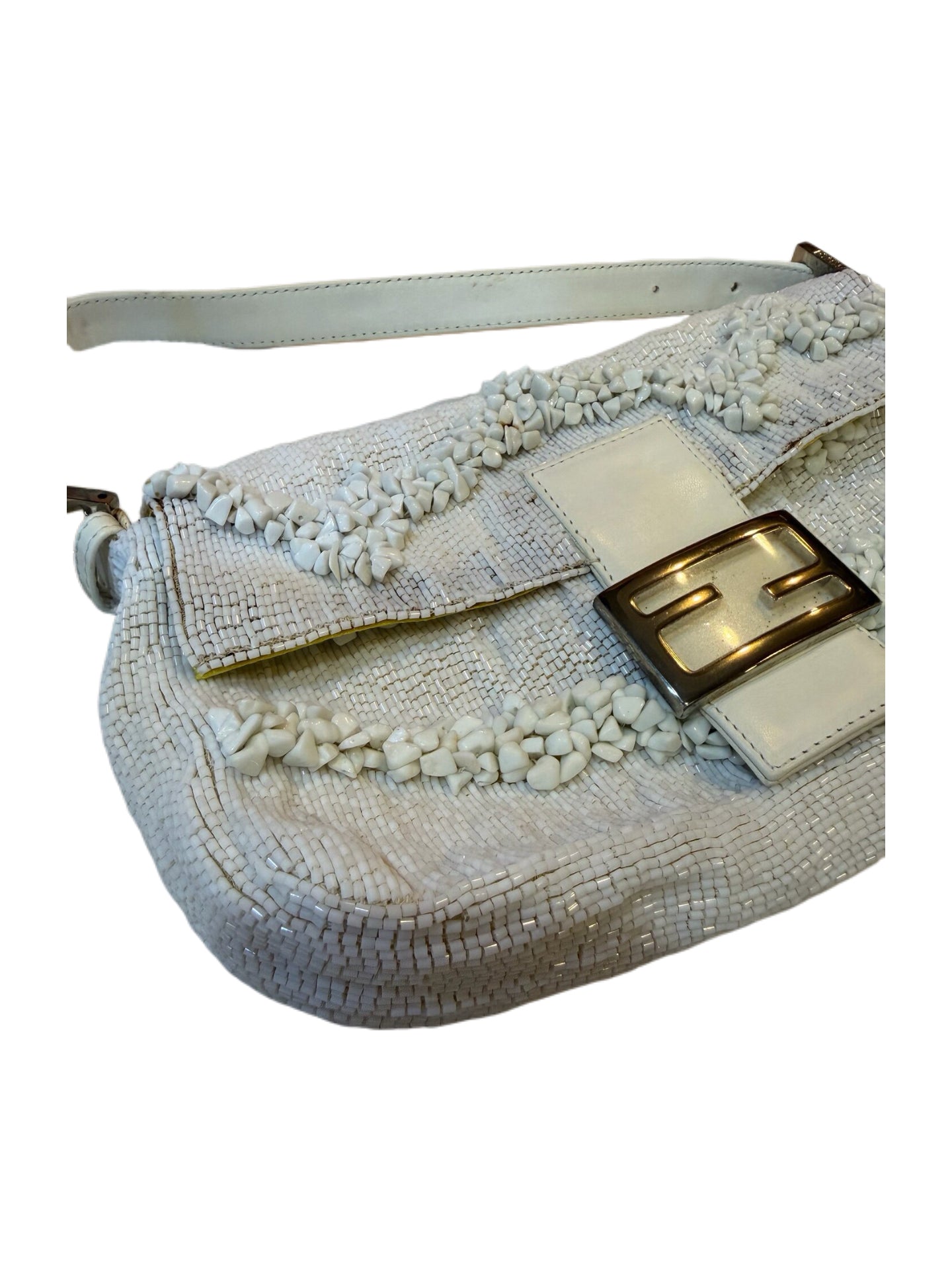 Fendi Beaded Baguette Bag White Embroidery Handcrafted Vintage Rare Limited Edition Shoulder Bag