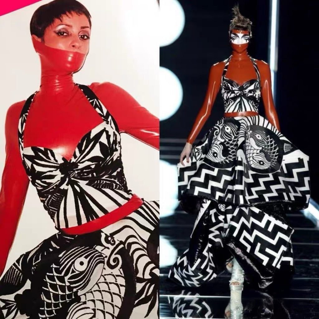 Christian Dior by John Galliano 2003 FW Runway Graphic Print Pants Rare Archive Piece Black White Oriental Motif