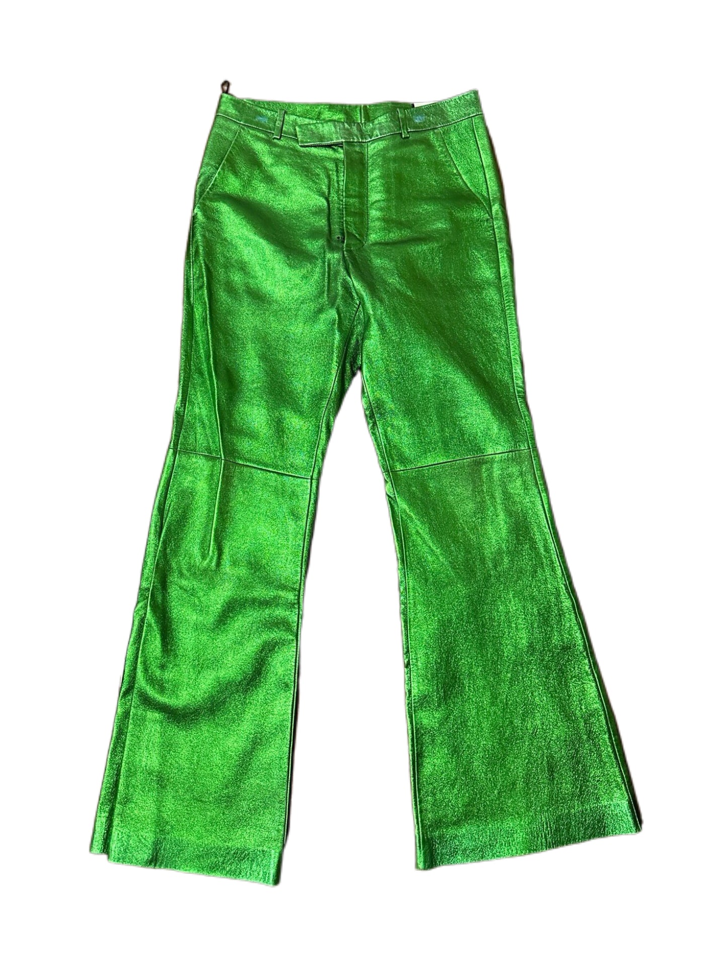 Gucci 2020 SS Runway Metallic Green Leather Flared Pants Rare Archive Piece Alessandro Michele Era