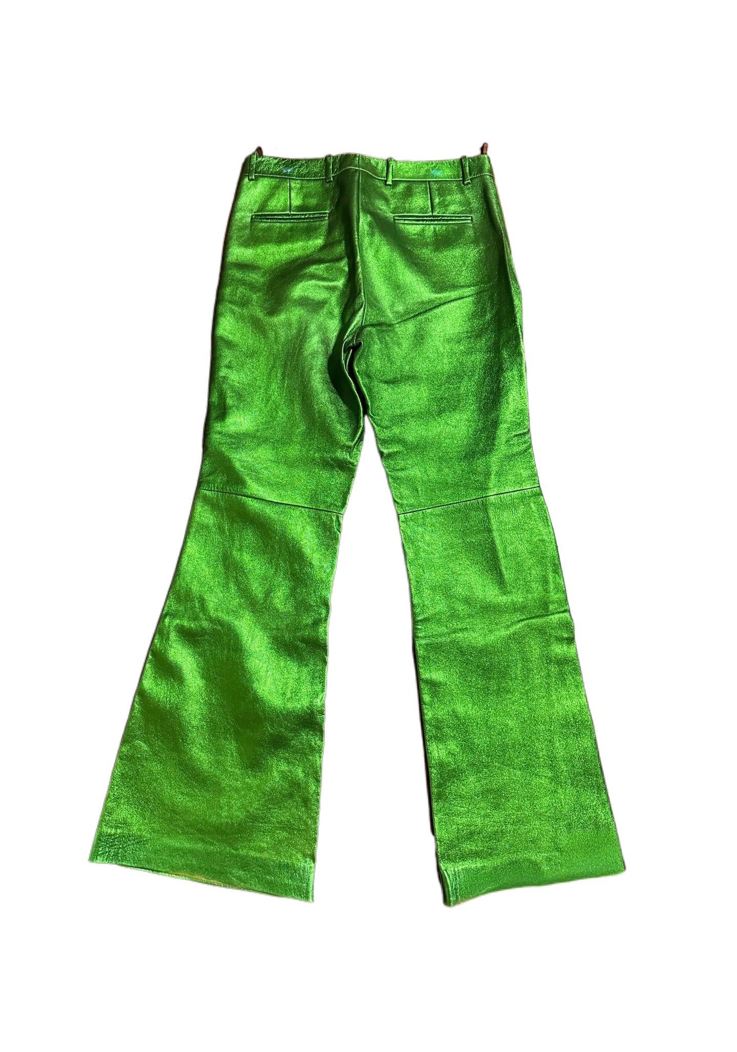 Gucci 2020 SS Runway Metallic Green Leather Flared Pants Rare Archive Piece Alessandro Michele Era