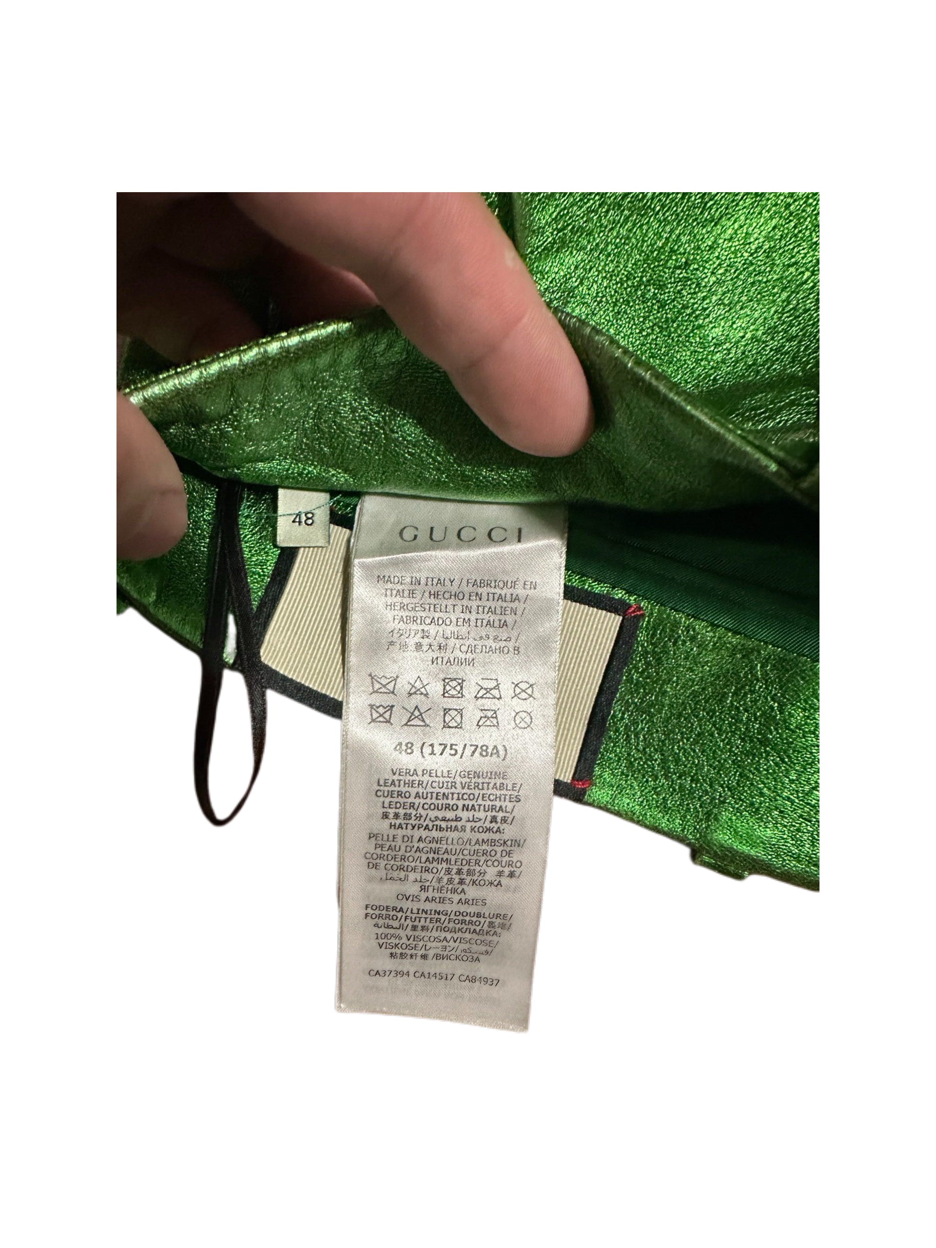 Gucci 2020 SS Runway Metallic Green Leather Flared Pants Rare Archive Piece Alessandro Michele Era