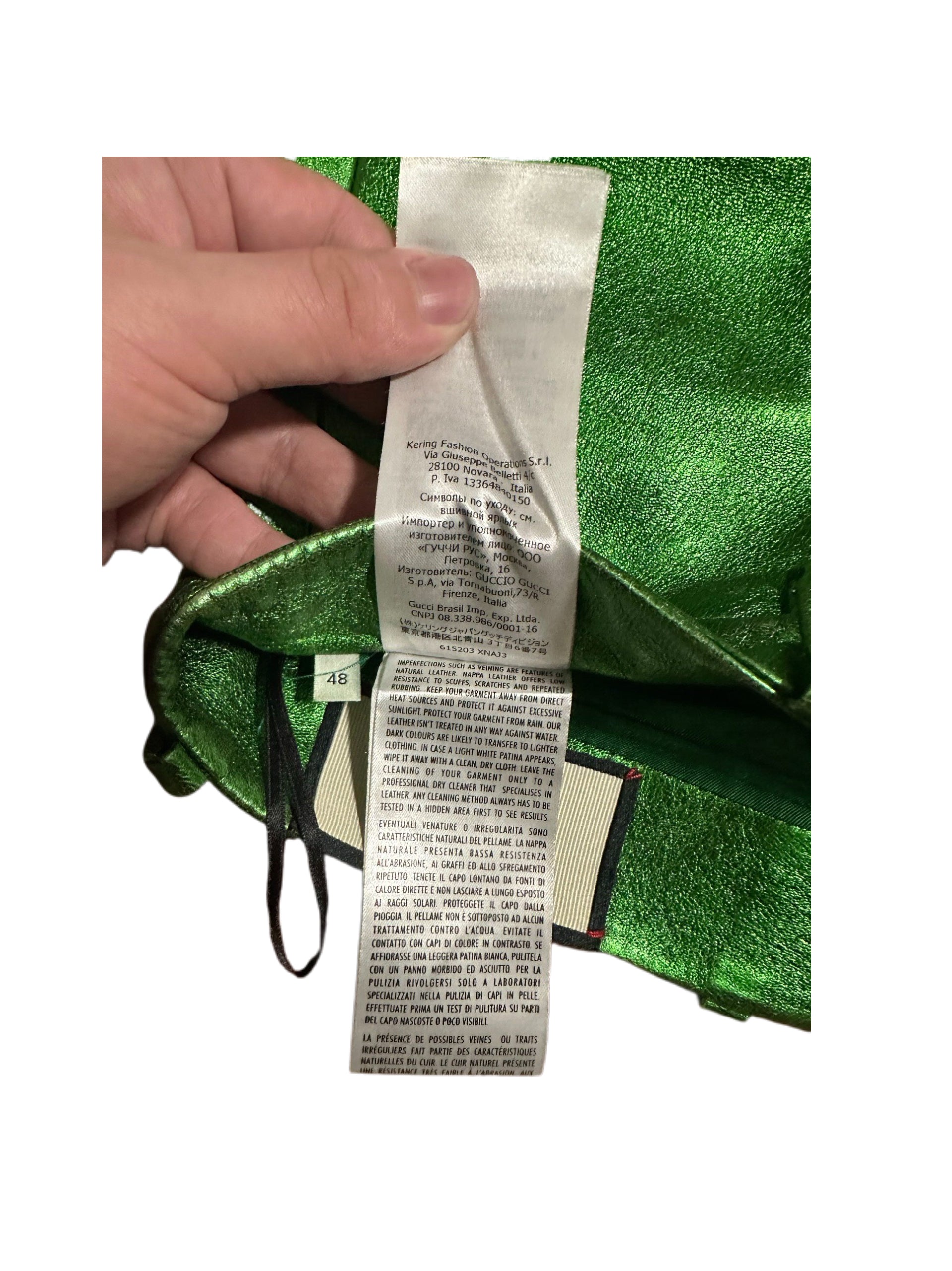 Gucci 2020 SS Runway Metallic Green Leather Flared Pants Rare Archive Piece Alessandro Michele Era