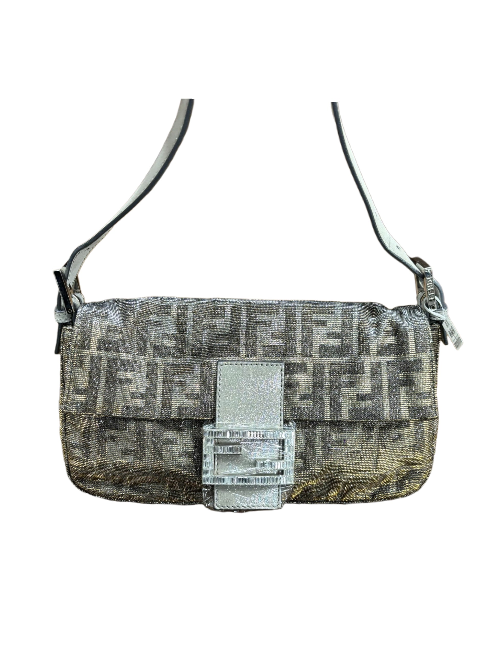 Fendi Vintage Metallic Silver Zucca Baguette Bag Crystal FF Logo Buckle Limited Edition Rare Archive Piece