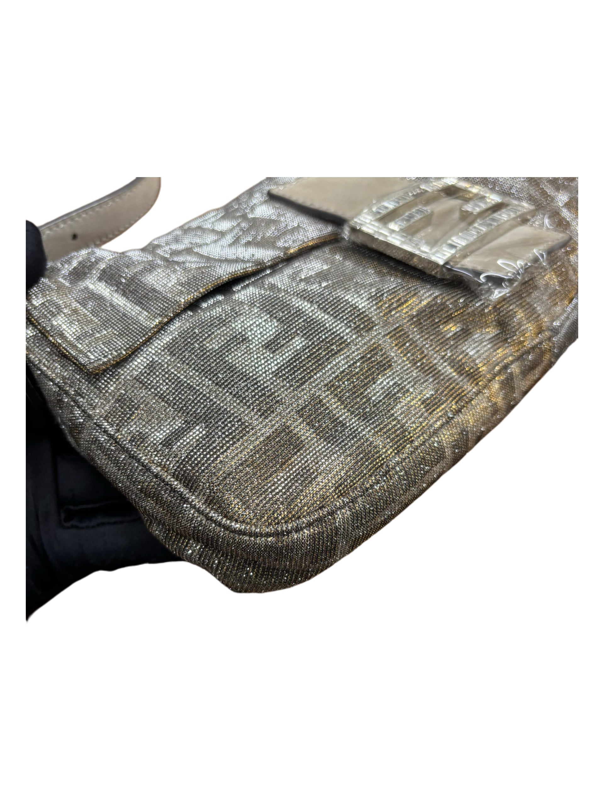 Fendi Vintage Metallic Silver Zucca Baguette Bag Crystal FF Logo Buckle Limited Edition Rare Archive Piece