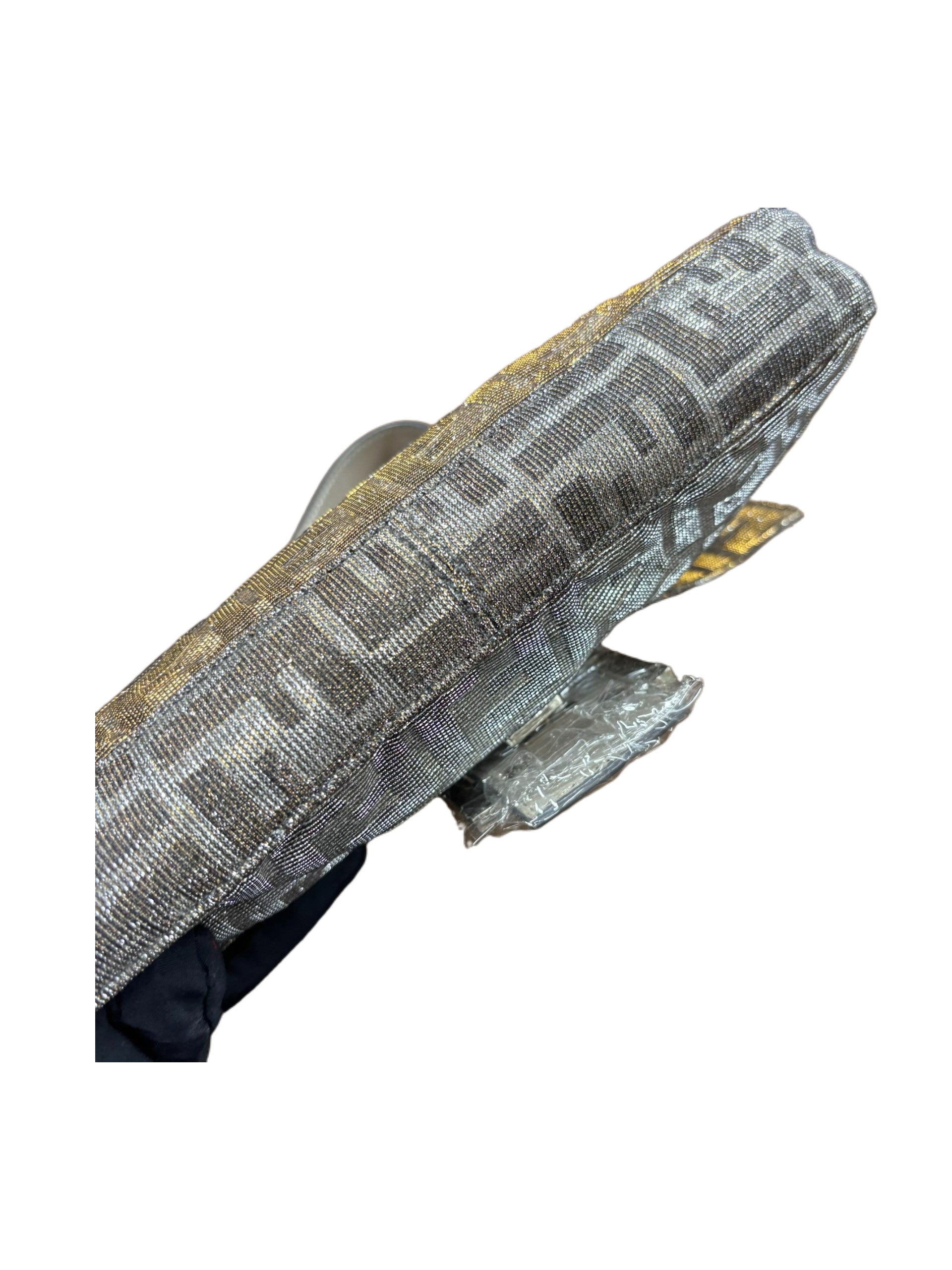 Fendi Vintage Metallic Silver Zucca Baguette Bag Crystal FF Logo Buckle Limited Edition Rare Archive Piece