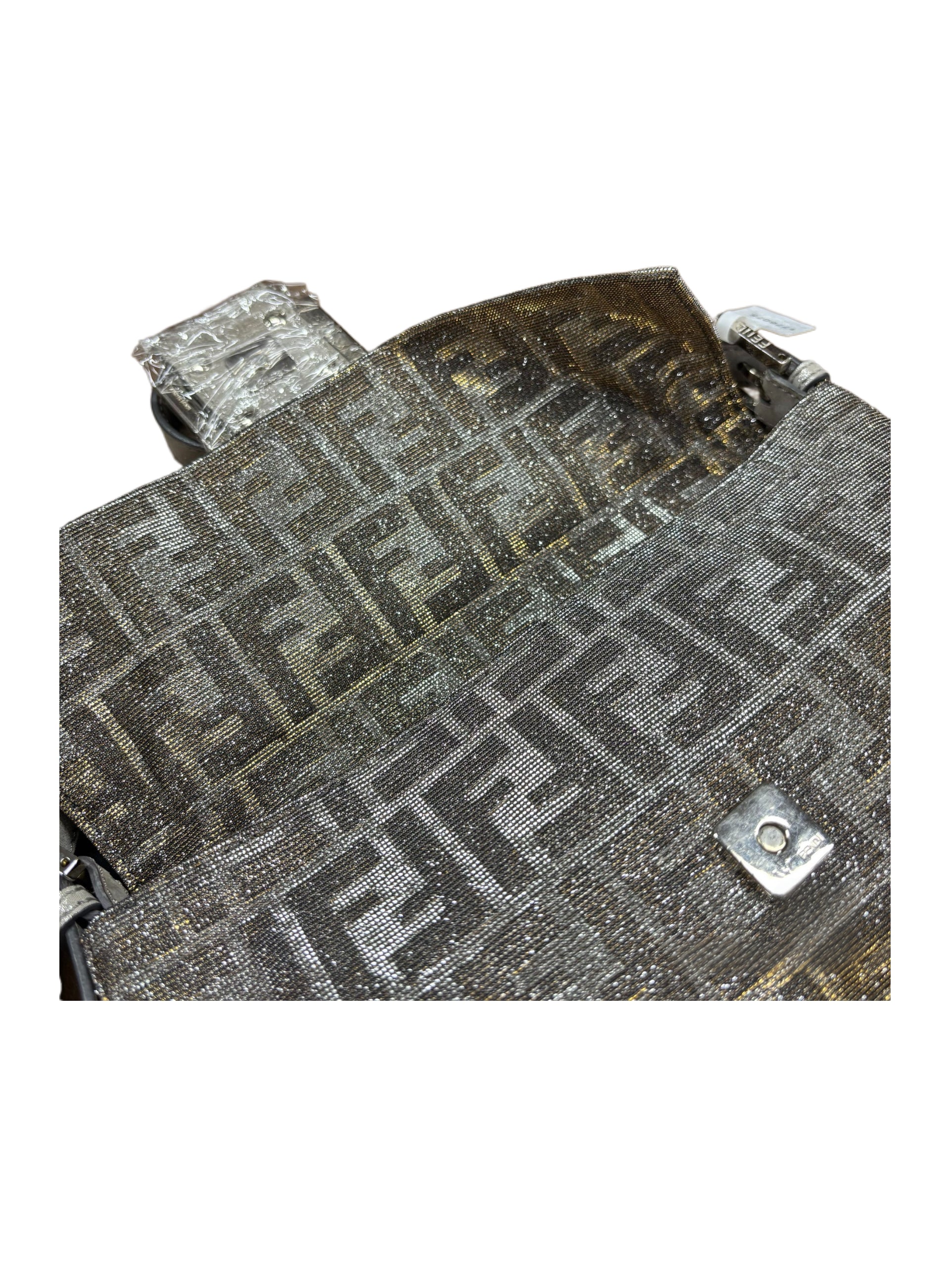 Fendi Vintage Metallic Silver Zucca Baguette Bag Crystal FF Logo Buckle Limited Edition Rare Archive Piece