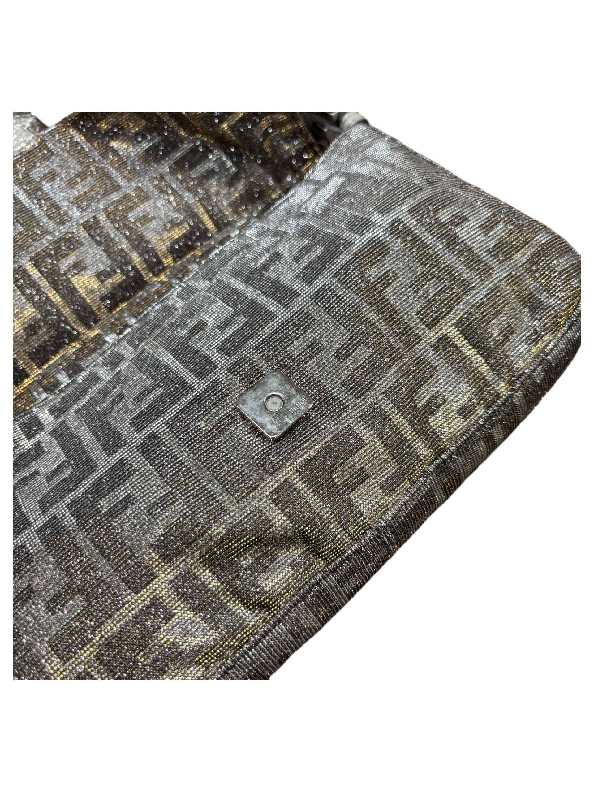 Fendi Vintage Metallic Silver Zucca Baguette Bag Crystal FF Logo Buckle Limited Edition Rare Archive Piece