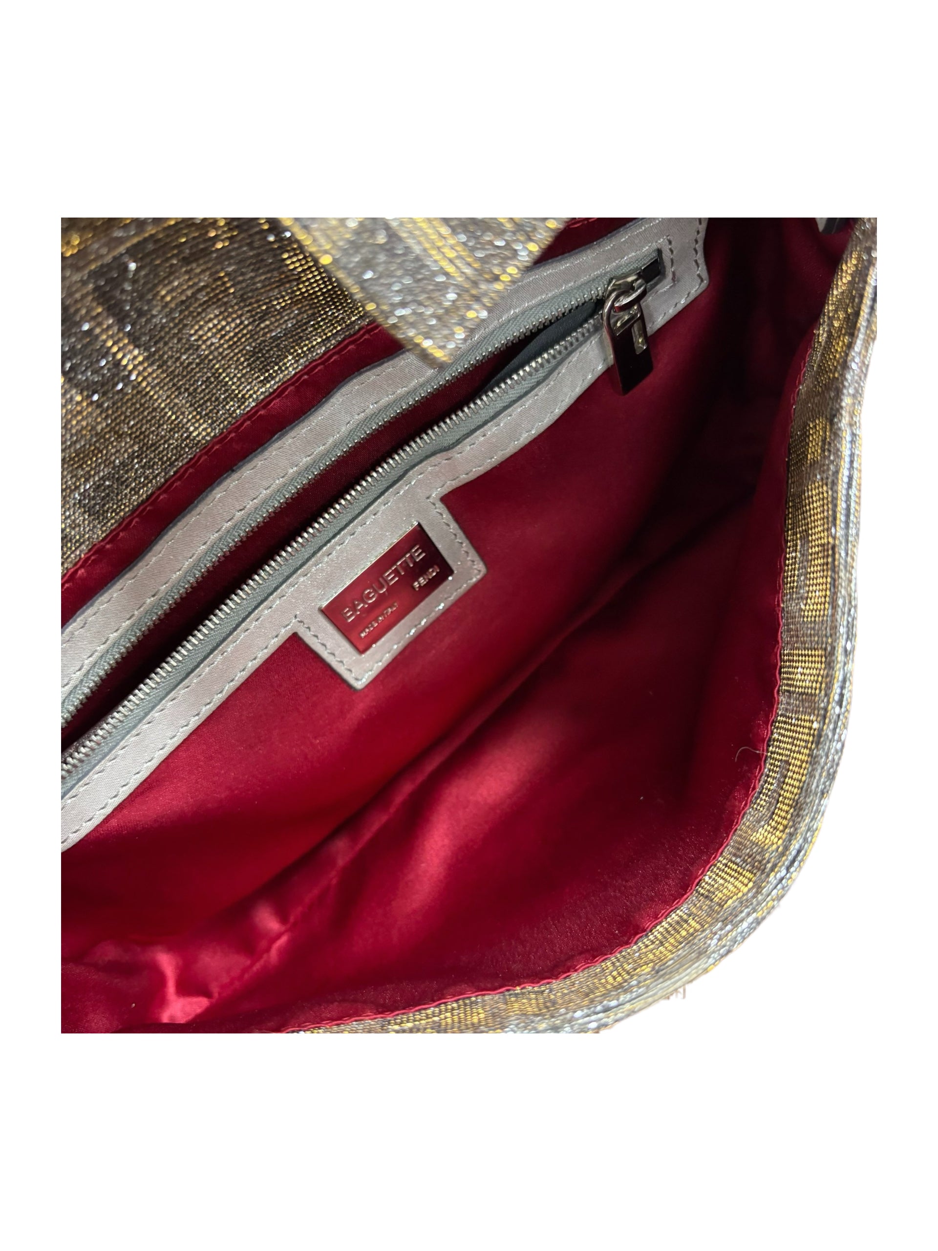Fendi Vintage Metallic Silver Zucca Baguette Bag Crystal FF Logo Buckle Limited Edition Rare Archive Piece