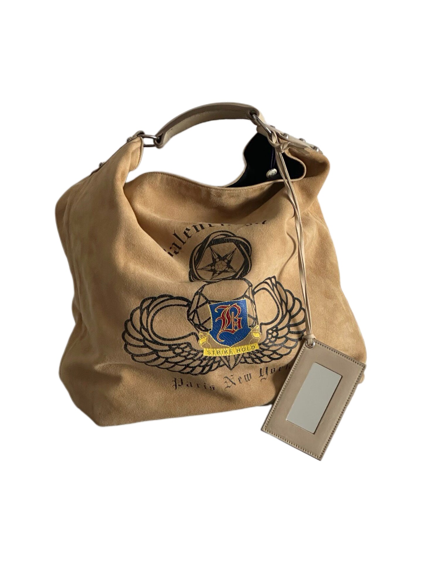 Balenciaga Vintage Suede Bucket Hobo Bag Light Brown Graphic Print Rare Archive Piece Paris New York Edition