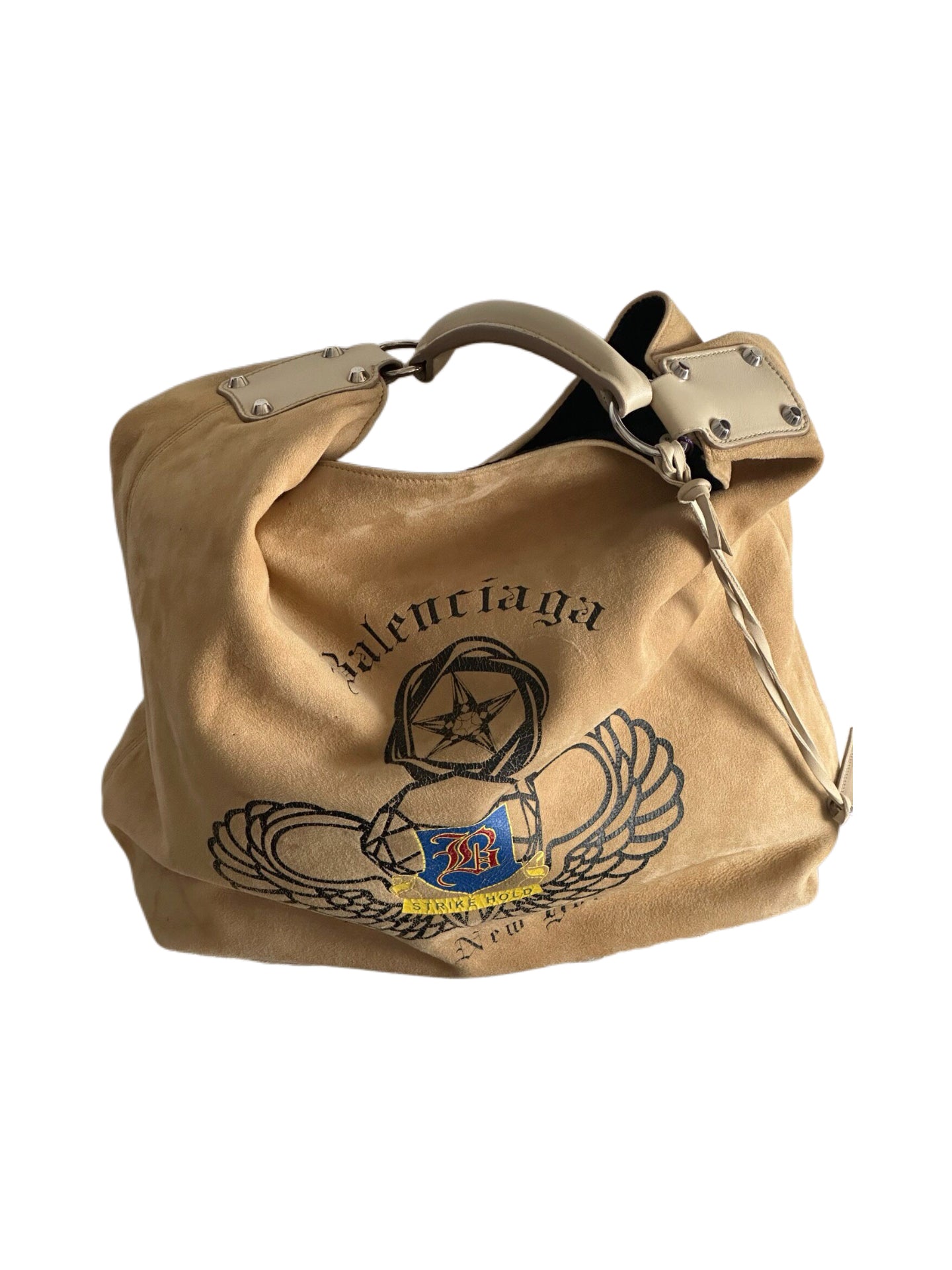 Balenciaga Vintage Suede Bucket Hobo Bag Light Brown Graphic Print Rare Archive Piece Paris New York Edition