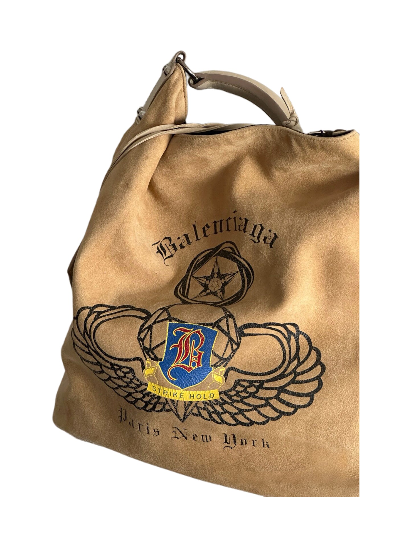 Balenciaga Vintage Suede Bucket Hobo Bag Light Brown Graphic Print Rare Archive Piece Paris New York Edition