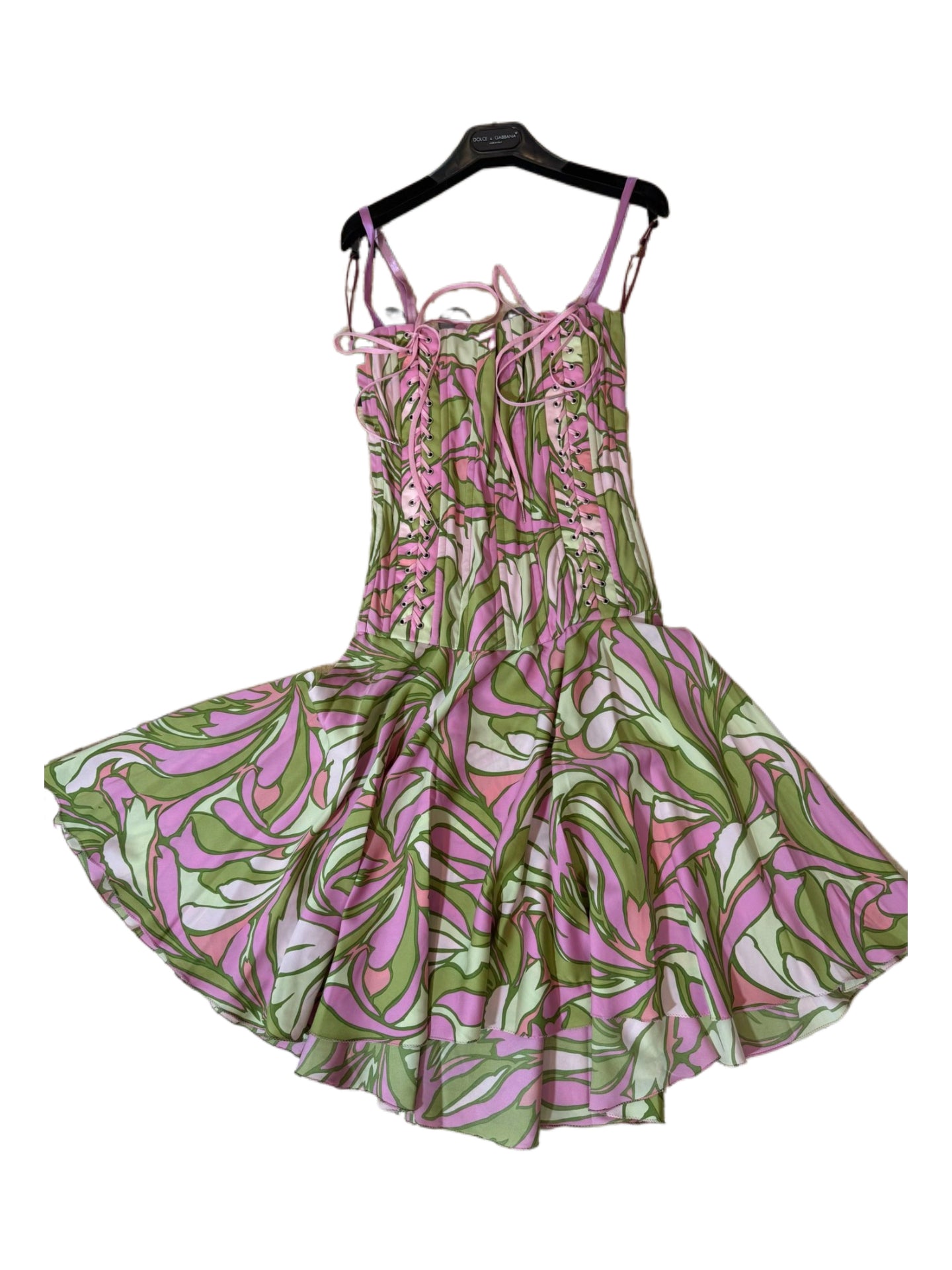 Dolce & Gabbana Vintage Silk Corset Lace-Up Dress Pink Green Print Rare Archive Piece