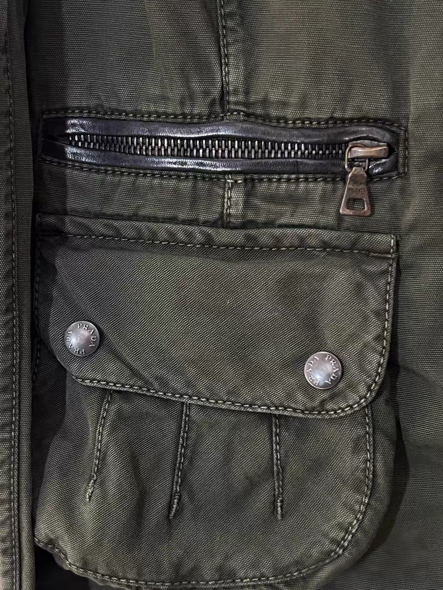 Prada Vintage Sport Military Utility Jacket Olive Green Nylon Hunting Jacket Rare Archive Piece