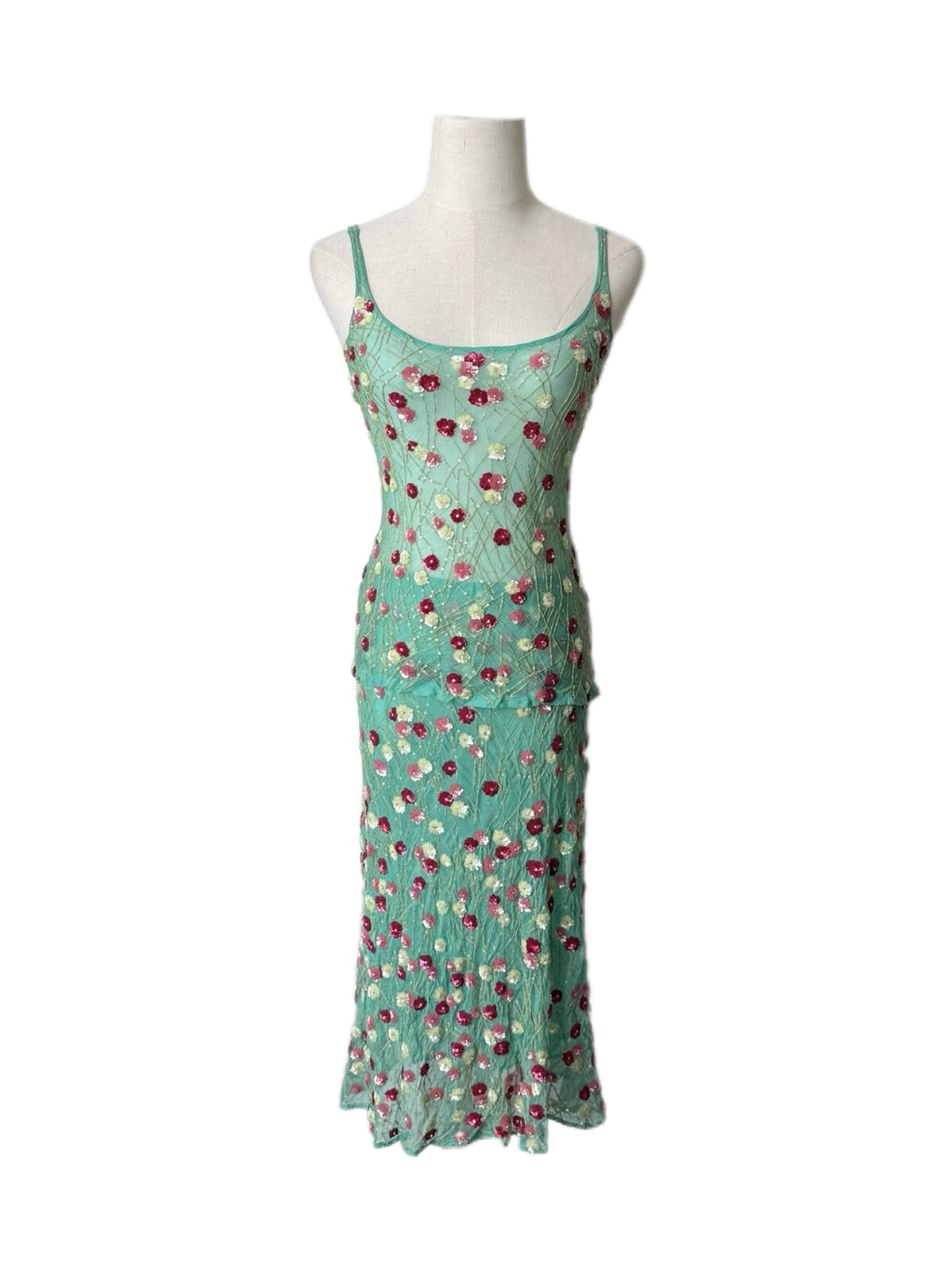 Dolce & Gabbana S/S 2000 Runway Floral Embroidered Silk Camisole & Skirt Set Mint Green Beaded Sequin Rare Archive Piece