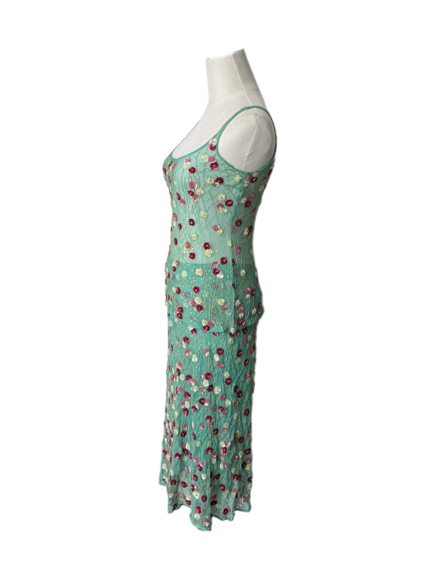 Dolce & Gabbana S/S 2000 Runway Floral Embroidered Silk Camisole & Skirt Set Mint Green Beaded Sequin Rare Archive Piece