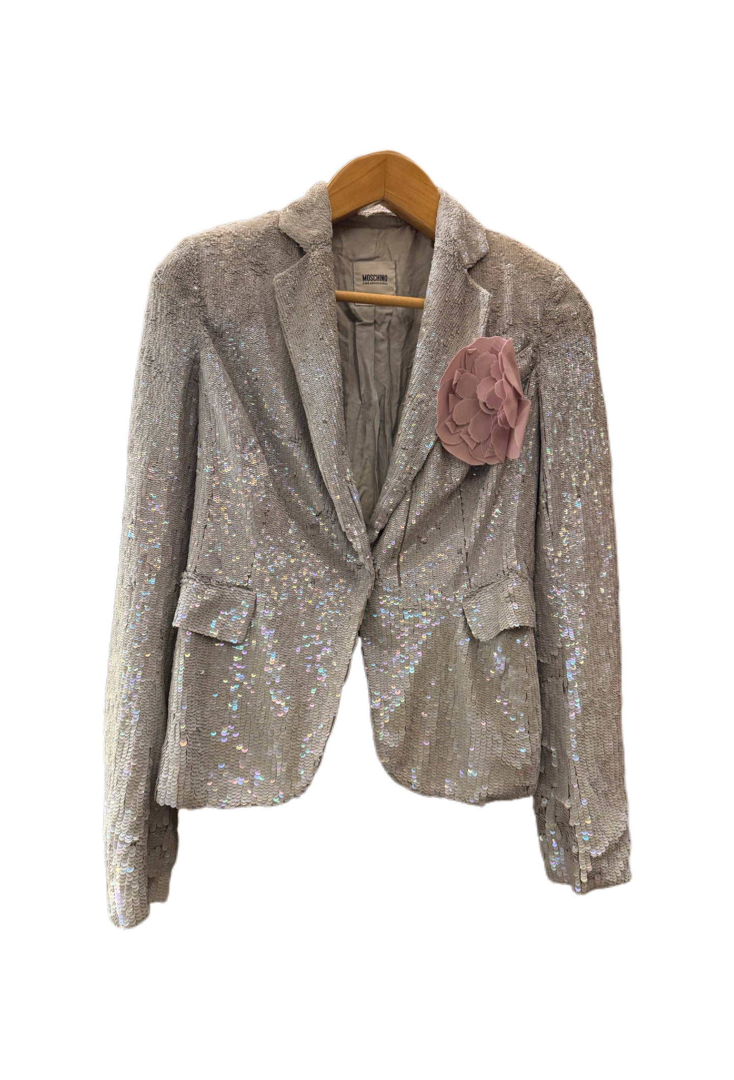 Moschino Couture Sequin Embellished Blazer Jacket with 3D Pink Flower Appliqué Rare Italian Made Statement Piece