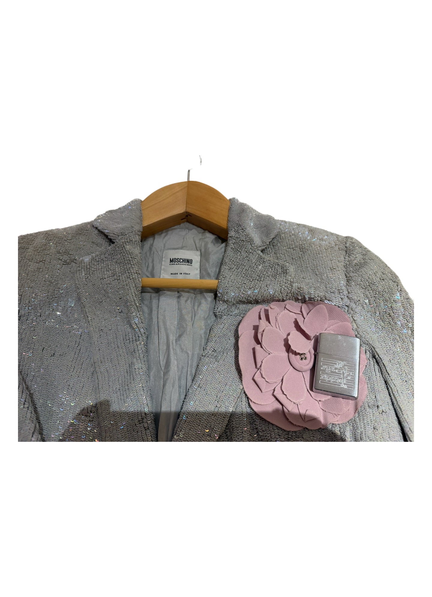 Moschino Couture Sequin Embellished Blazer Jacket with 3D Pink Flower Appliqué Rare Italian Made Statement Piece