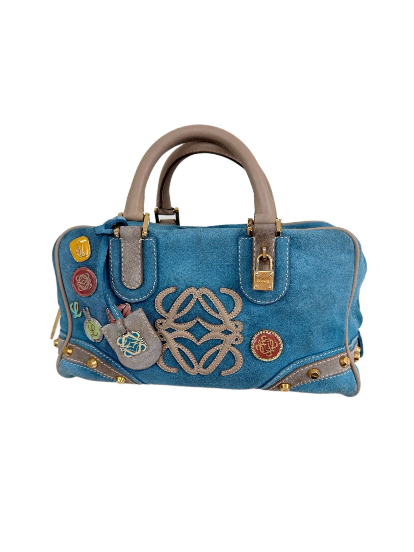 Loewe Amazona 28 Lake Blue Suede Boston Bag 160th Anniversary Limited Edition with Heritage Badge Embellishments Rare Collectible