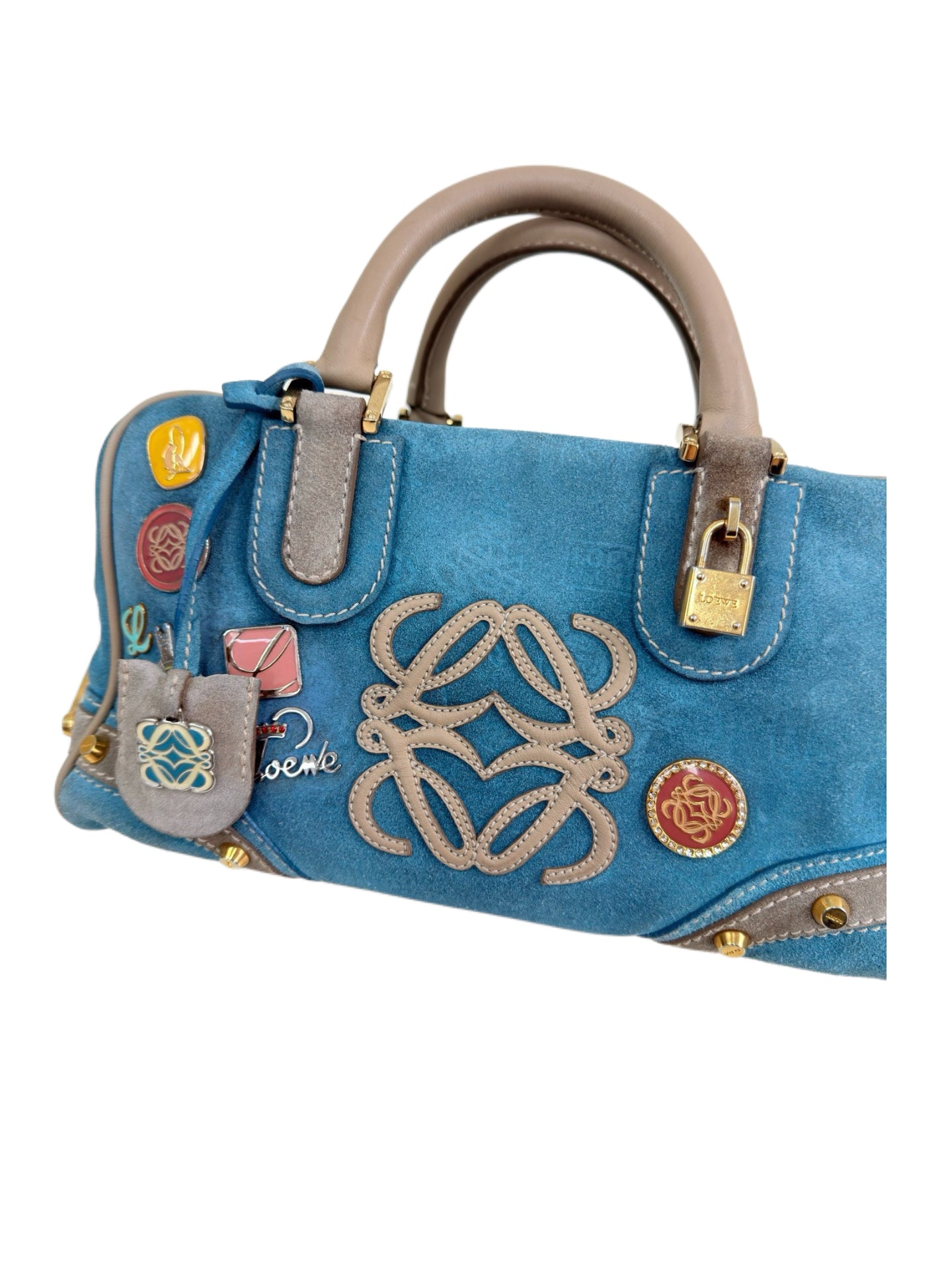 Loewe Amazona 28 Lake Blue Suede Boston Bag 160th Anniversary Limited Edition with Heritage Badge Embellishments Rare Collectible