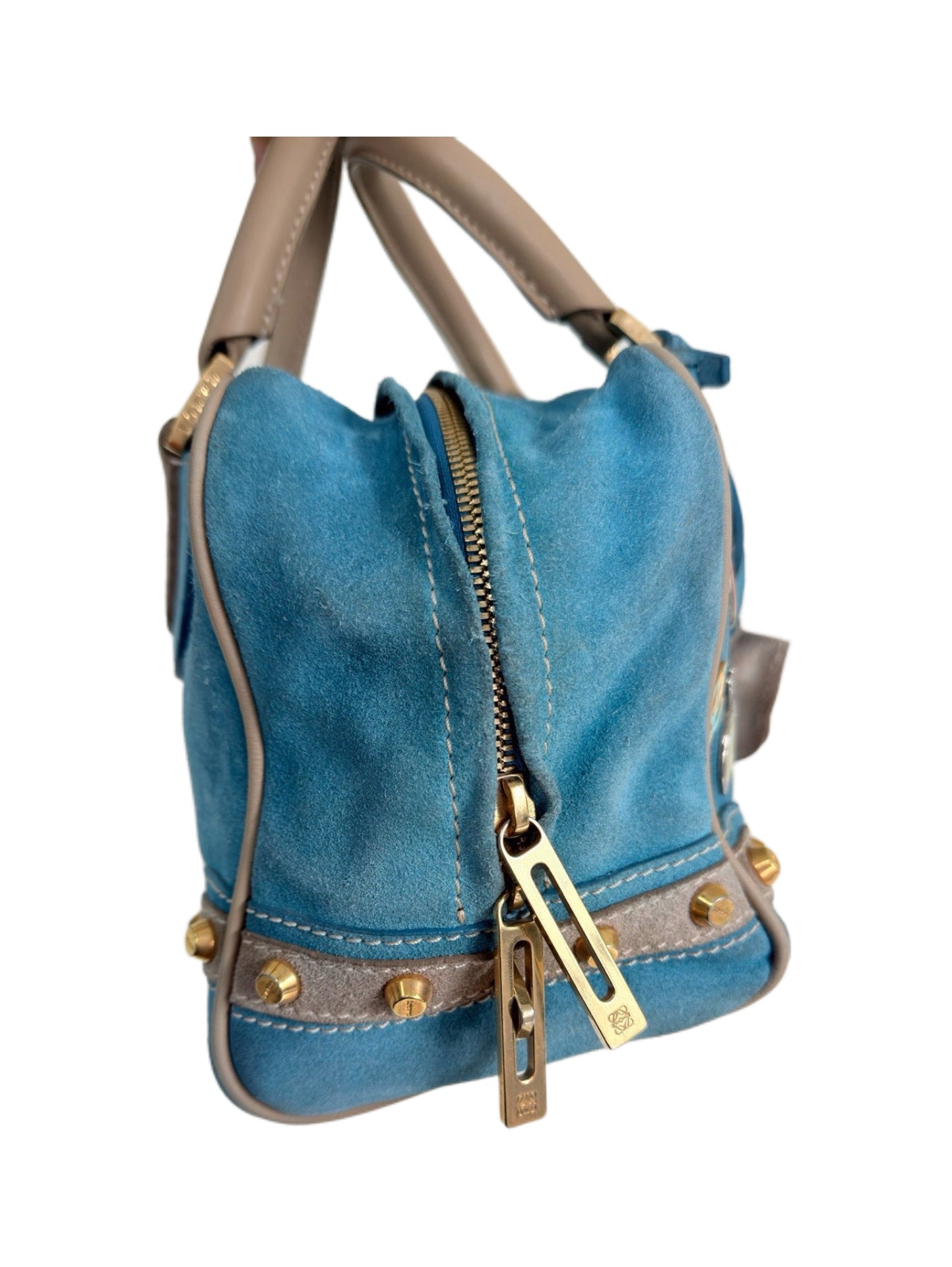 Loewe Amazona 28 Lake Blue Suede Boston Bag 160th Anniversary Limited Edition with Heritage Badge Embellishments Rare Collectible