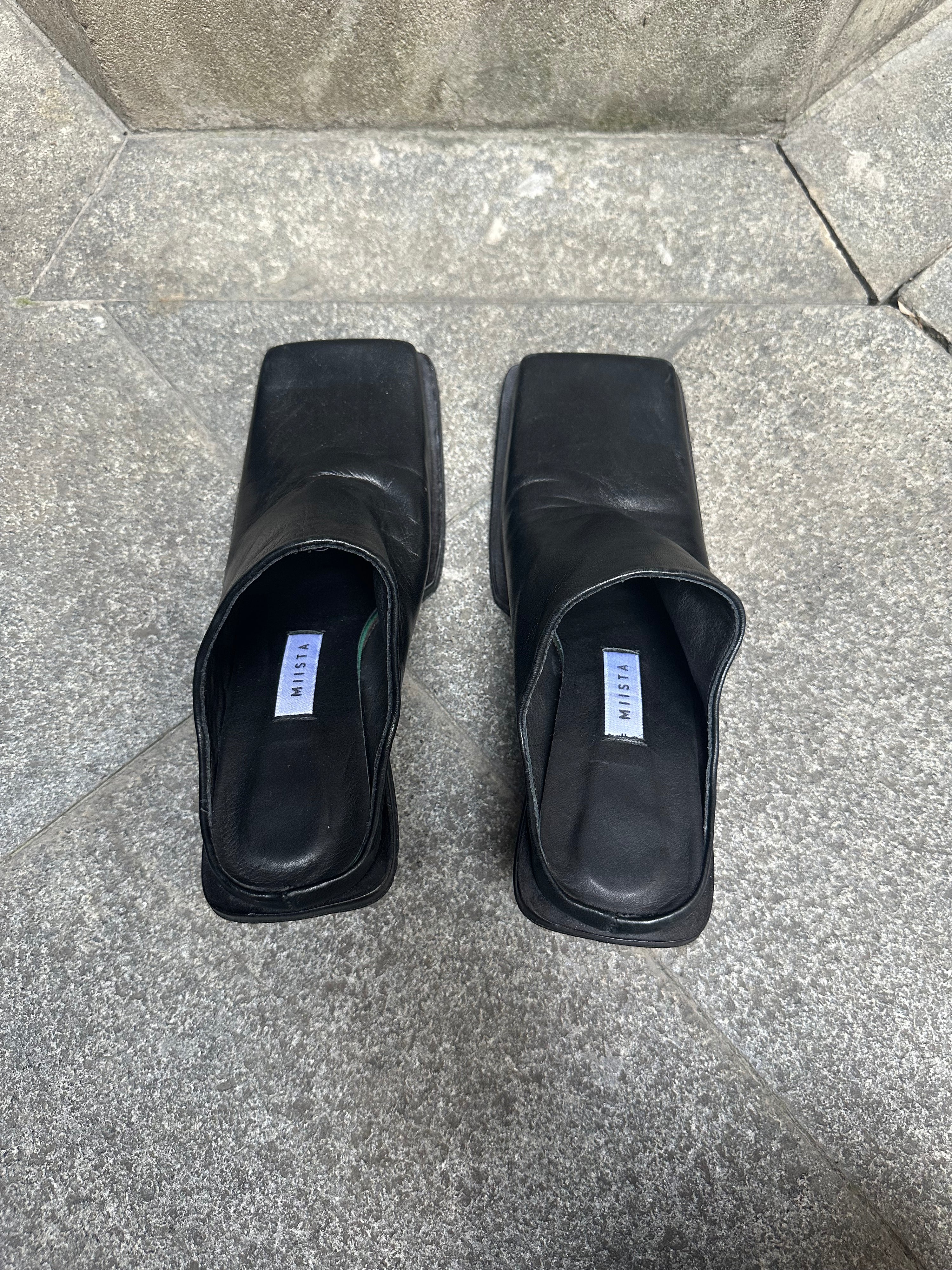 Miista Black Square-Toe Leather Mules – 37