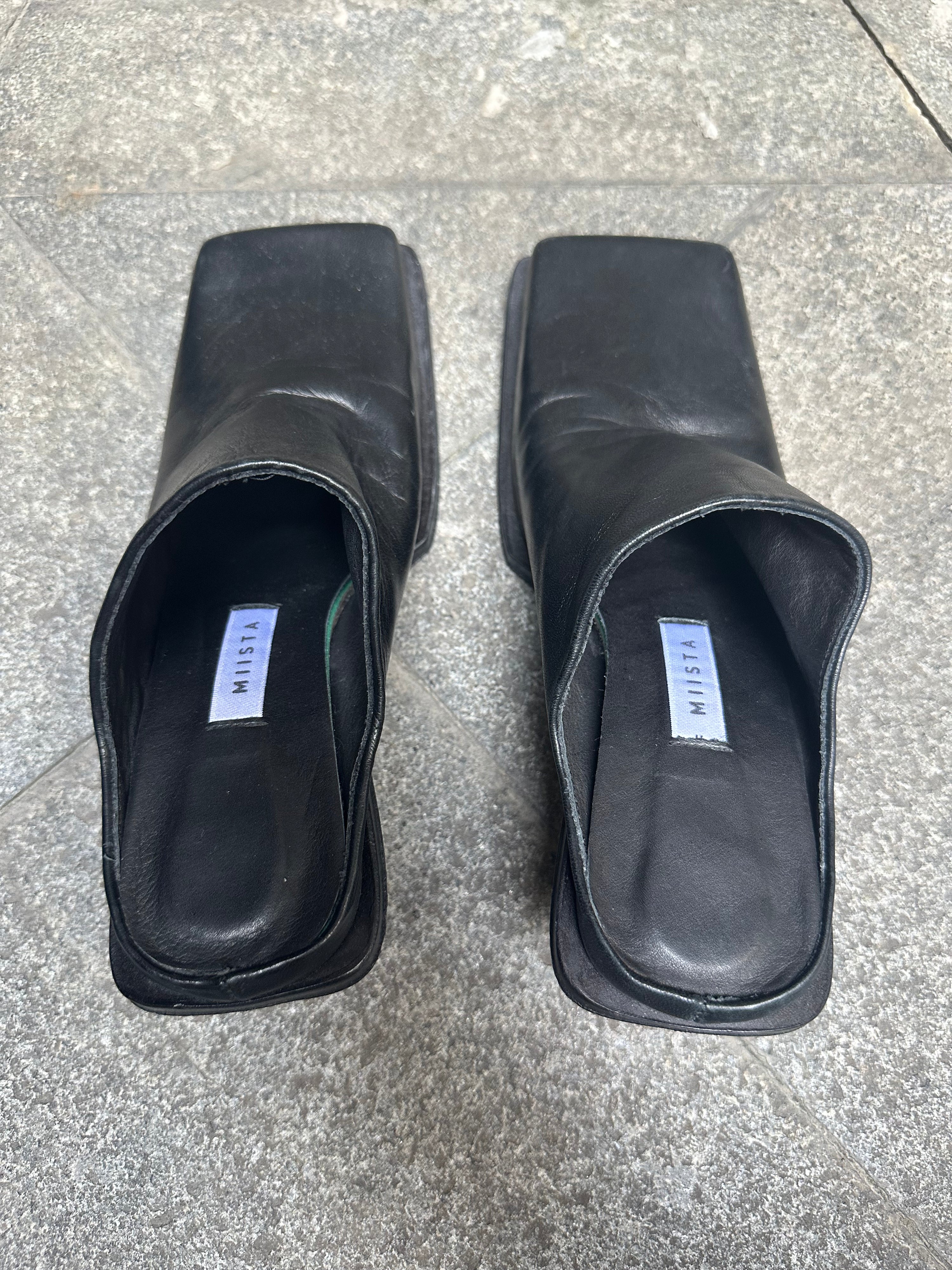 Miista Black Square-Toe Leather Mules – 37