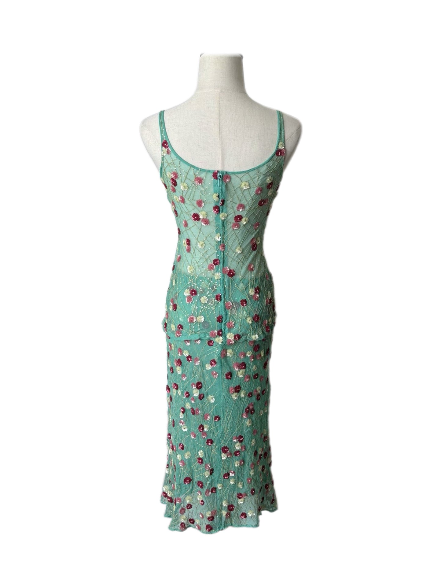 Dolce & Gabbana S/S 2000 Runway Floral Embroidered Silk Camisole & Skirt Set Mint Green Beaded Sequin Rare Archive Piece