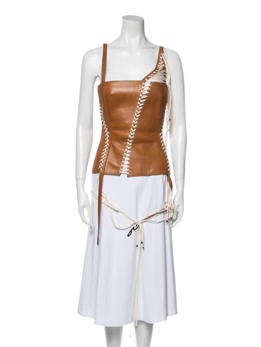 Dolce & Gabbana SS2003 Runway Tobacco Leather Lace-Up Corset Top Lambskin Bustier Archive Vintage