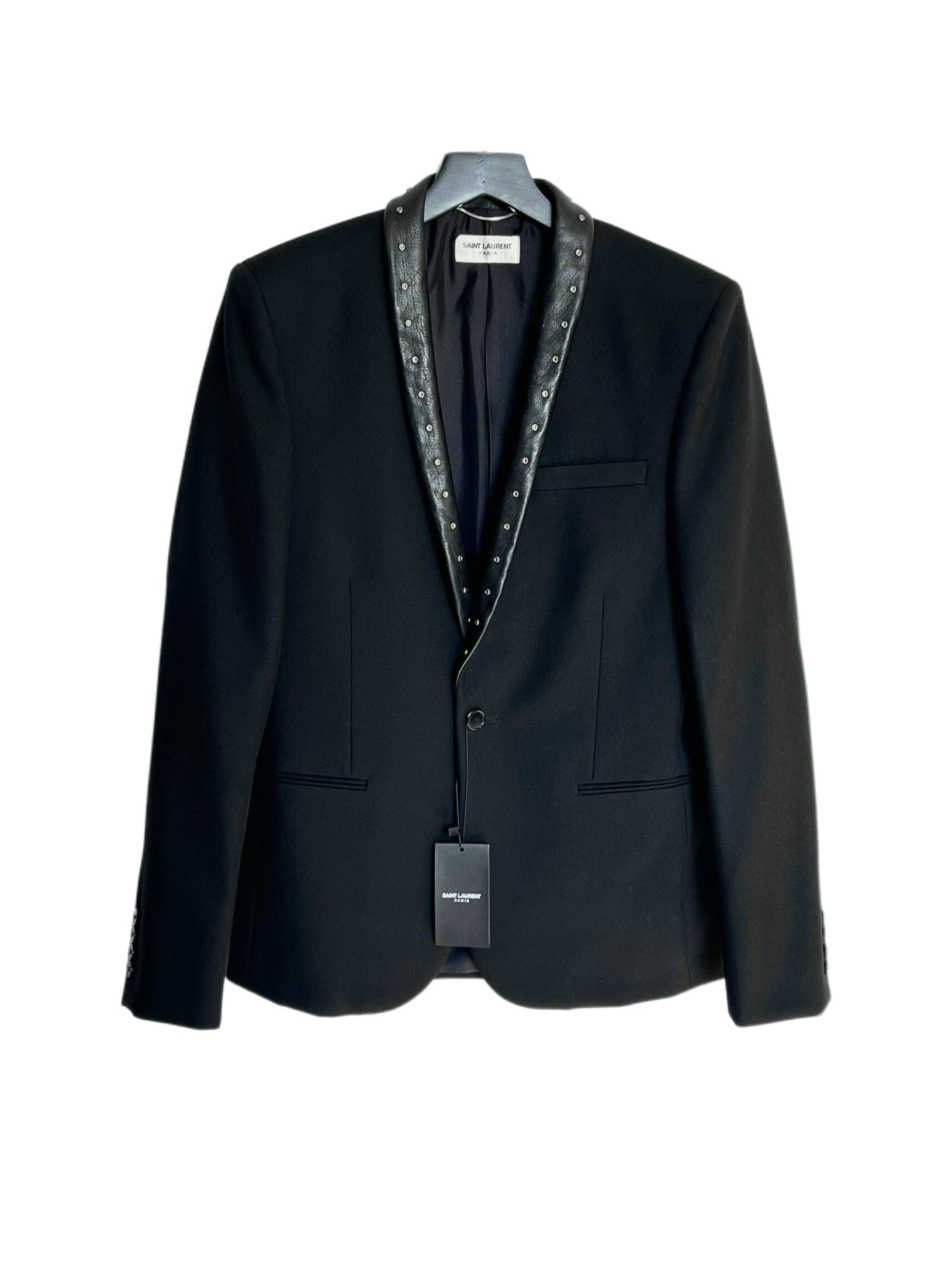 Saint Laurent FW13 Hedi Slimane Studded Blazer Lambskin Lapel Silk Lined Runway Jacket Size 46