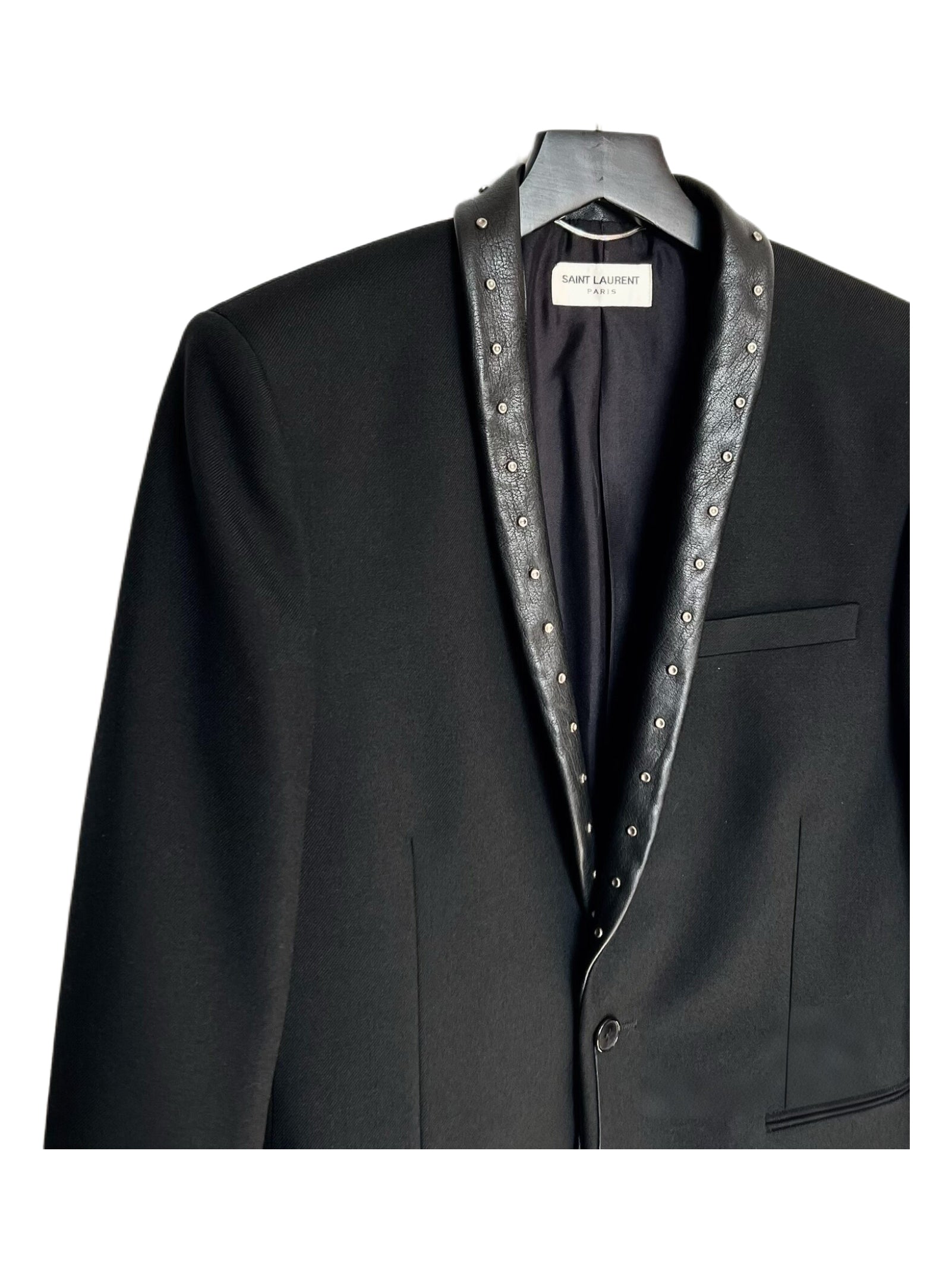 Saint Laurent FW13 Hedi Slimane Studded Blazer Lambskin Lapel Silk Lined Runway Jacket Size 46