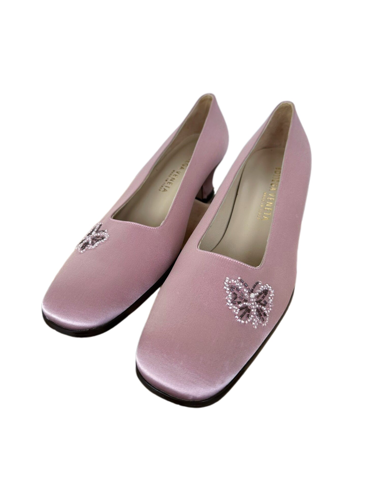 Bottega Veneta Pink Satin Crystal Butterfly Pumps Kitten Heel Vintage Rare Shoes IT 37