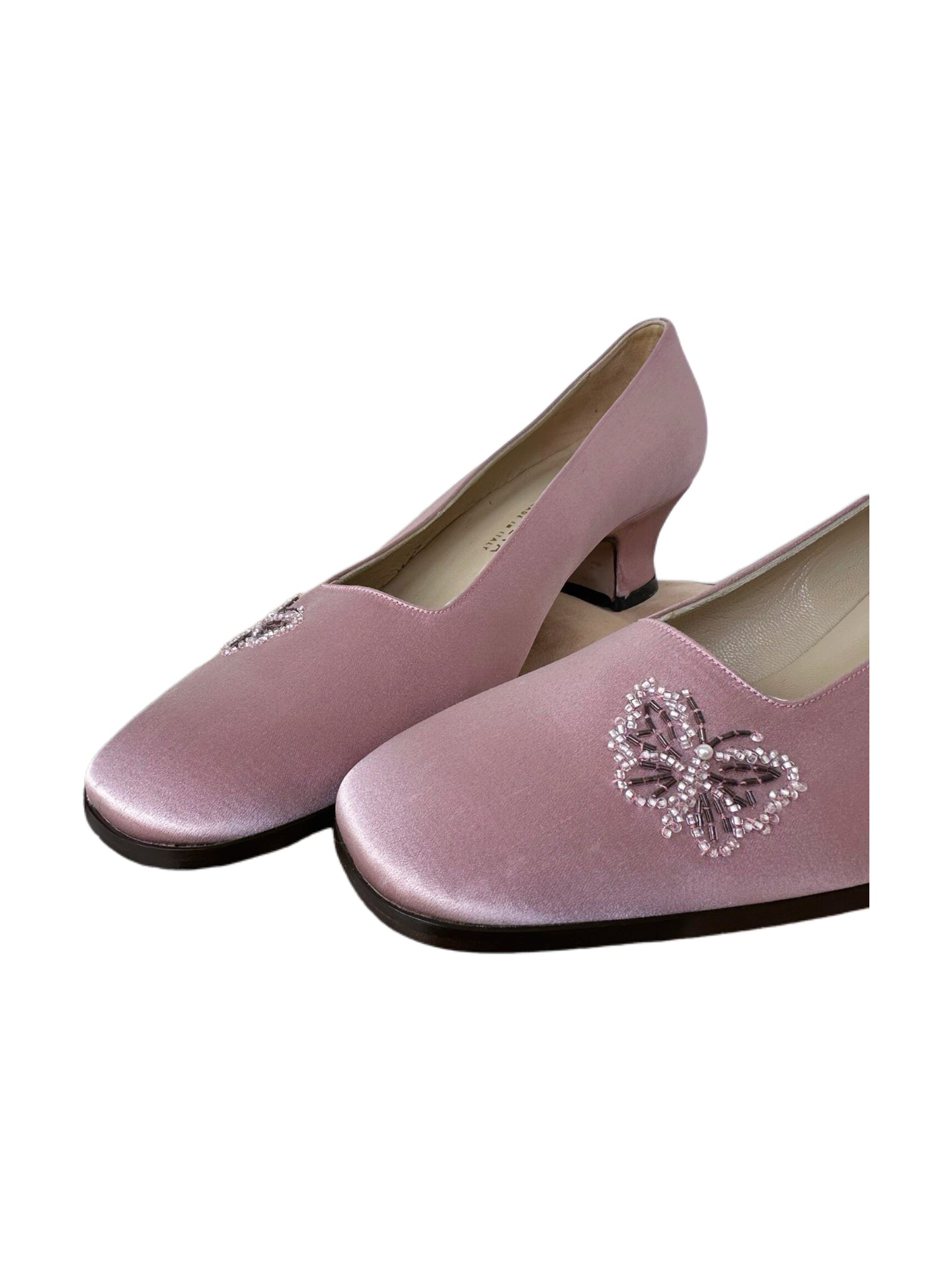Bottega Veneta Pink Satin Crystal Butterfly Pumps Kitten Heel Vintage Rare Shoes IT 37