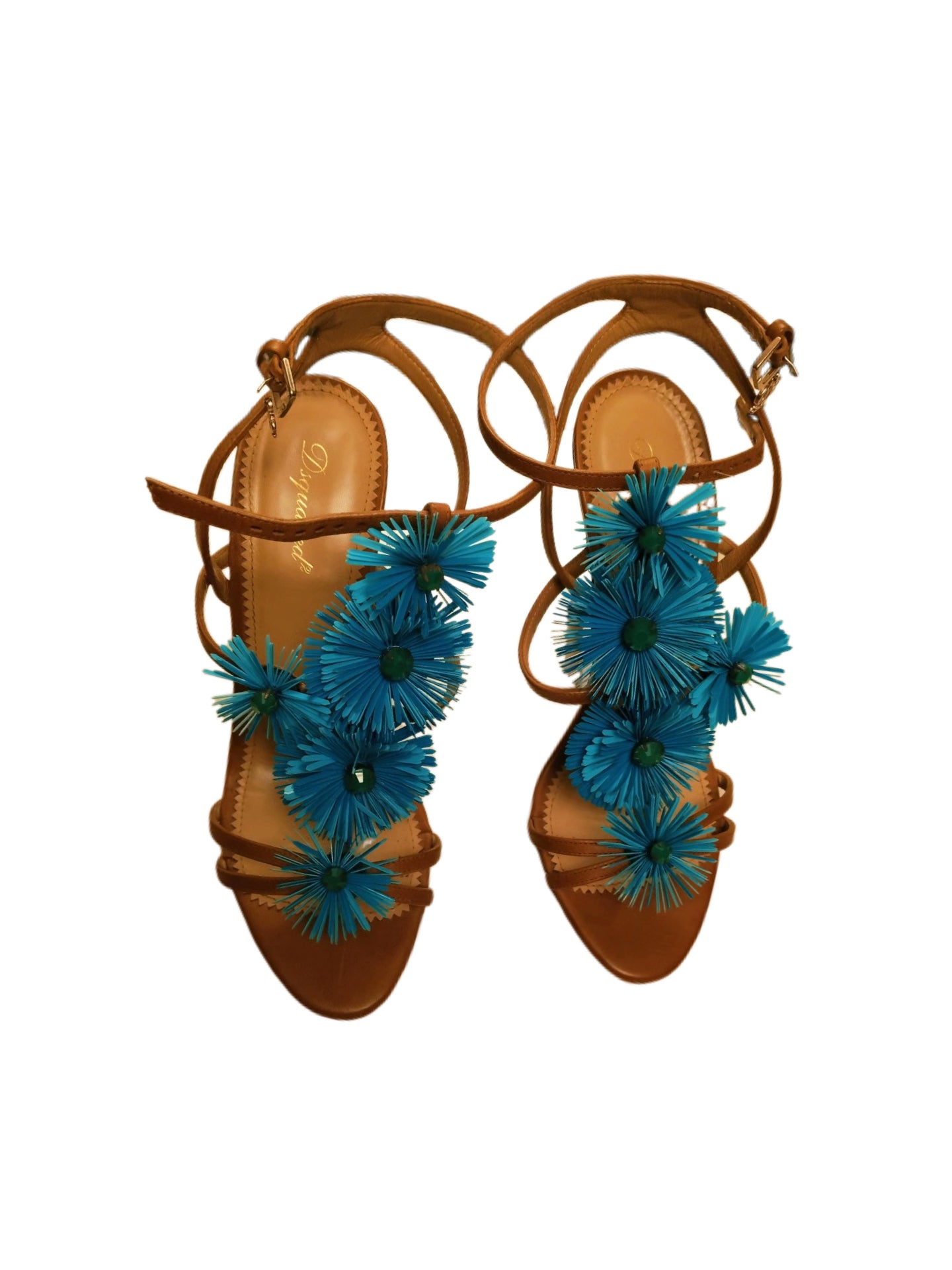 Dsquared2 Blue 3D Floral High Heel Sandals Leather Strappy Heels Rare Statement Shoes IT 38
