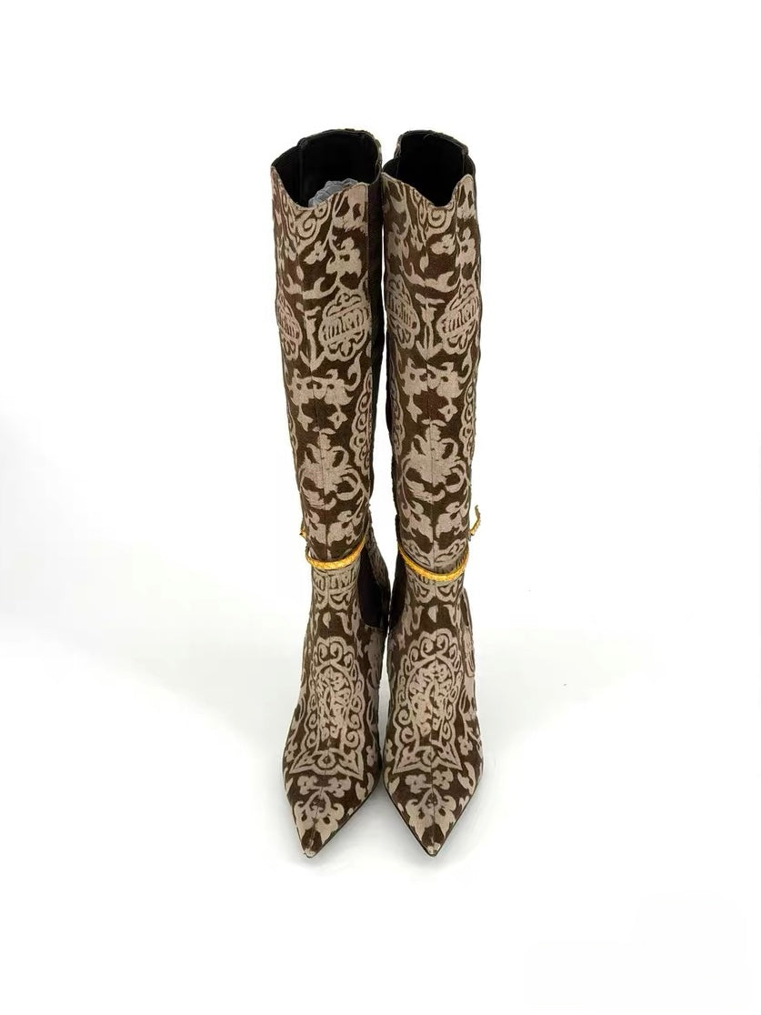Roberto Cavalli Brown Flocked Baroque Knee-High Boots – Python Detail Pointed Heel