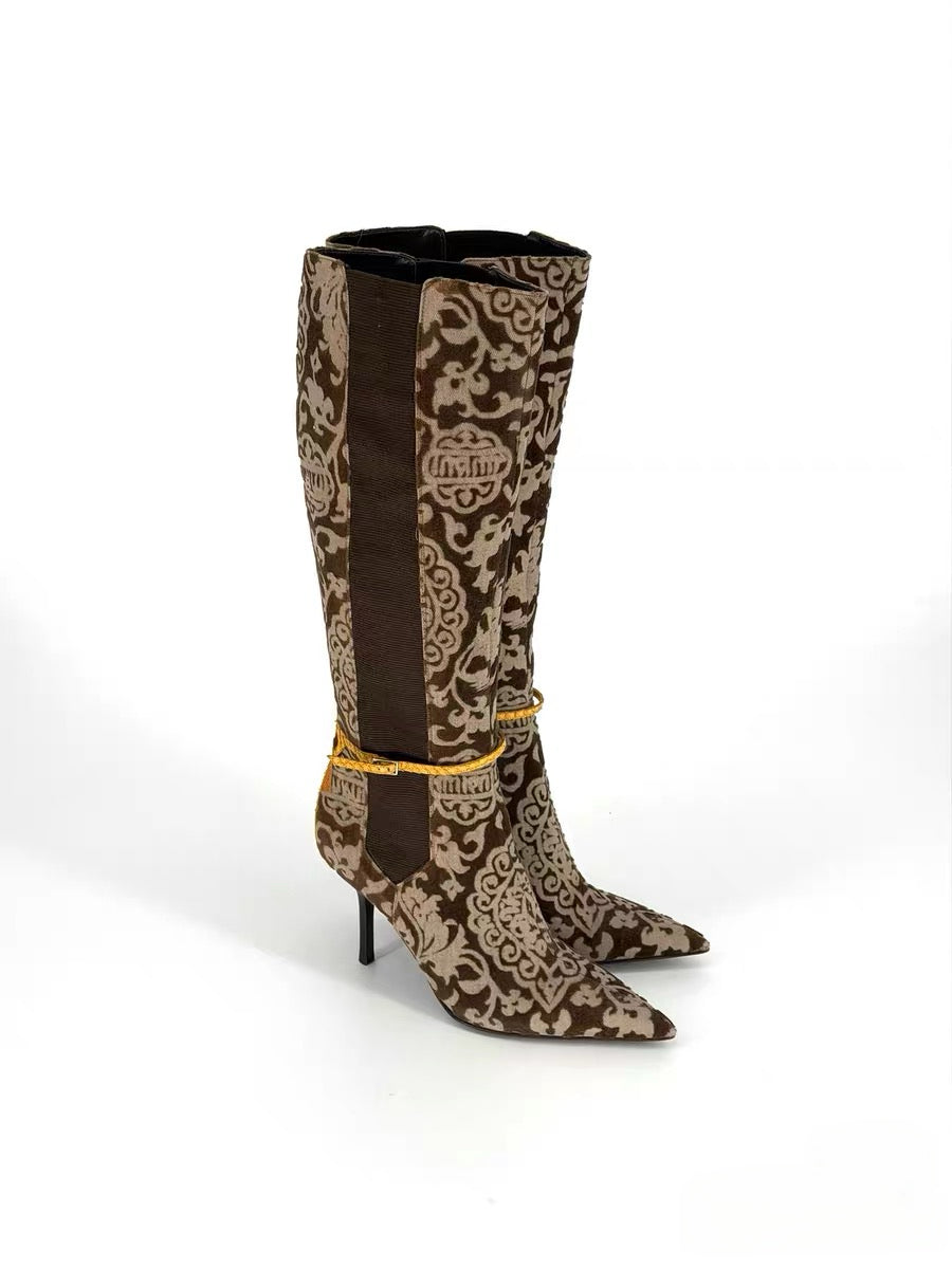 Roberto Cavalli Brown Flocked Baroque Knee-High Boots – Python Detail Pointed Heel