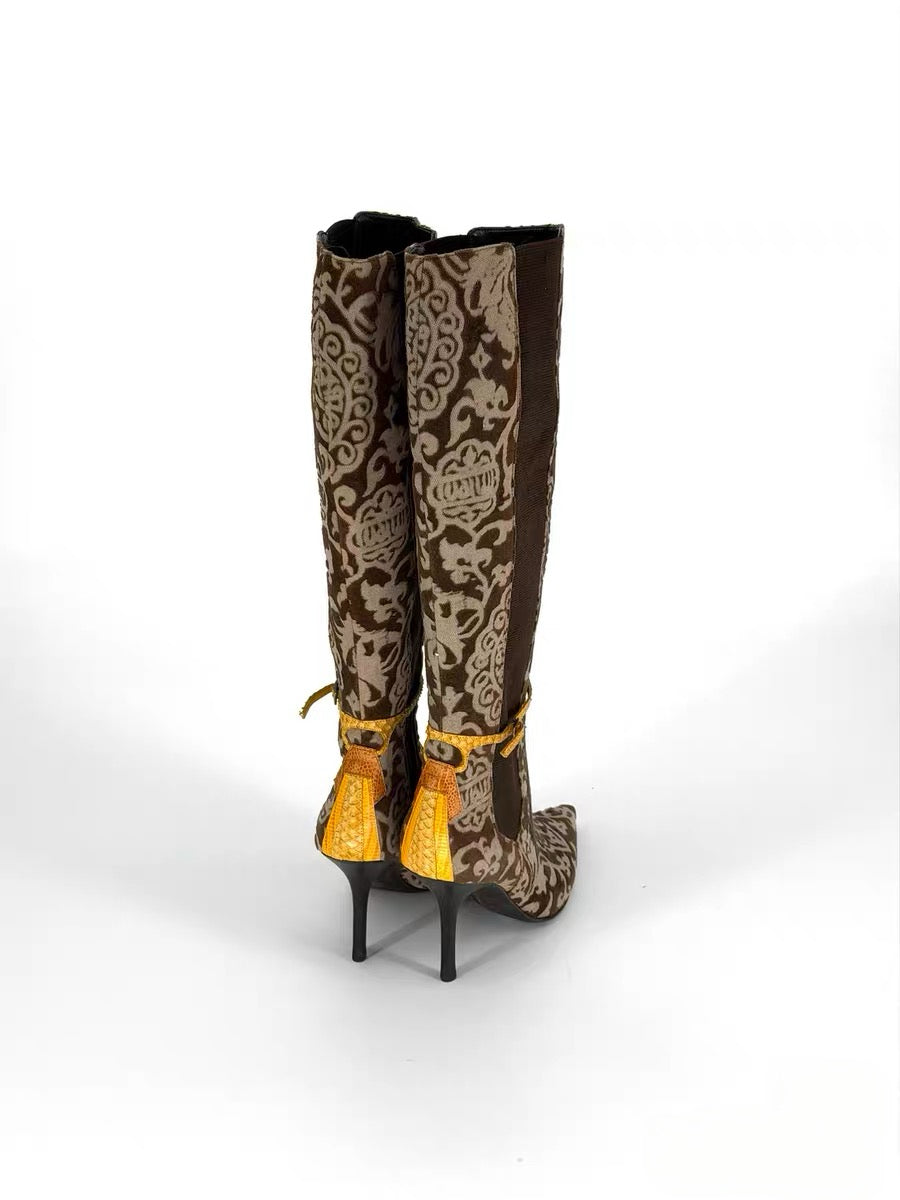 Roberto Cavalli Brown Flocked Baroque Knee-High Boots – Python Detail Pointed Heel