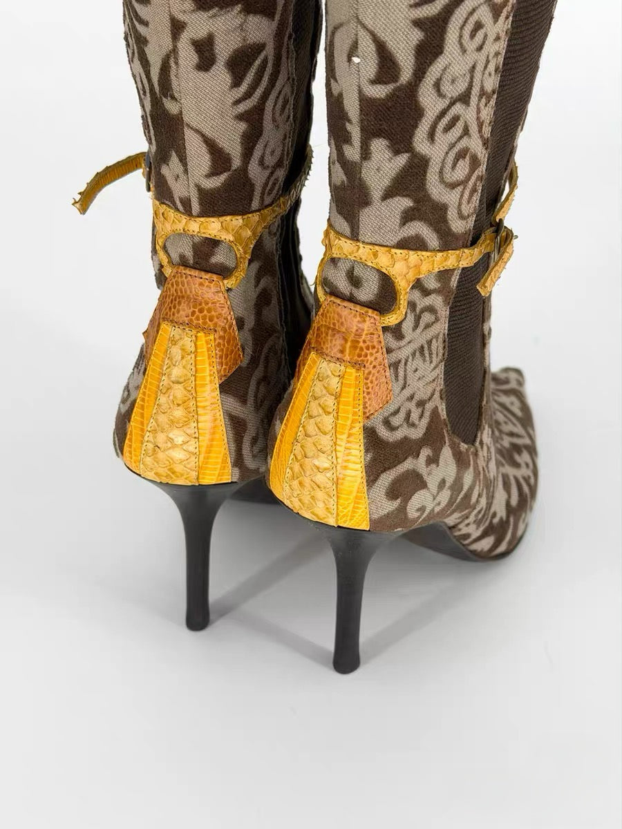 Roberto Cavalli Brown Flocked Baroque Knee-High Boots – Python Detail Pointed Heel