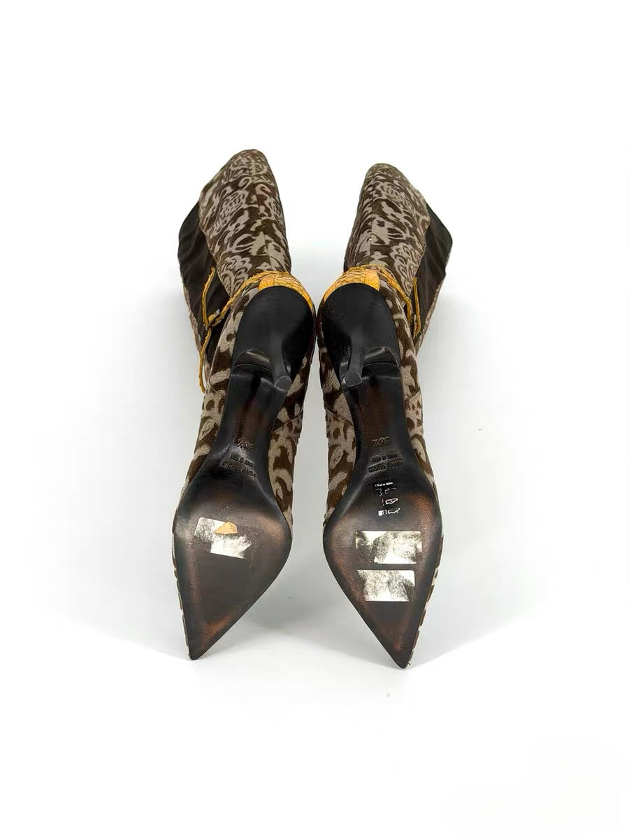 Roberto Cavalli Brown Flocked Baroque Knee-High Boots – Python Detail Pointed Heel