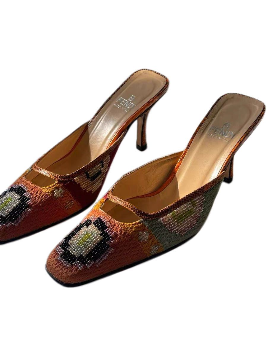 Fendi Vintage Beaded Embroidered Mule Heels