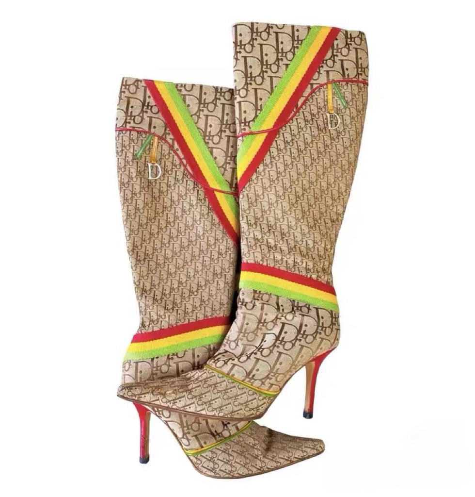 Christian Dior by John Galliano Rasta Monogram Knee-High Boots – Rare Y2K Archive Heels