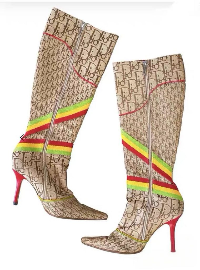 Christian Dior by John Galliano Rasta Monogram Knee-High Boots – Rare Y2K Archive Heels